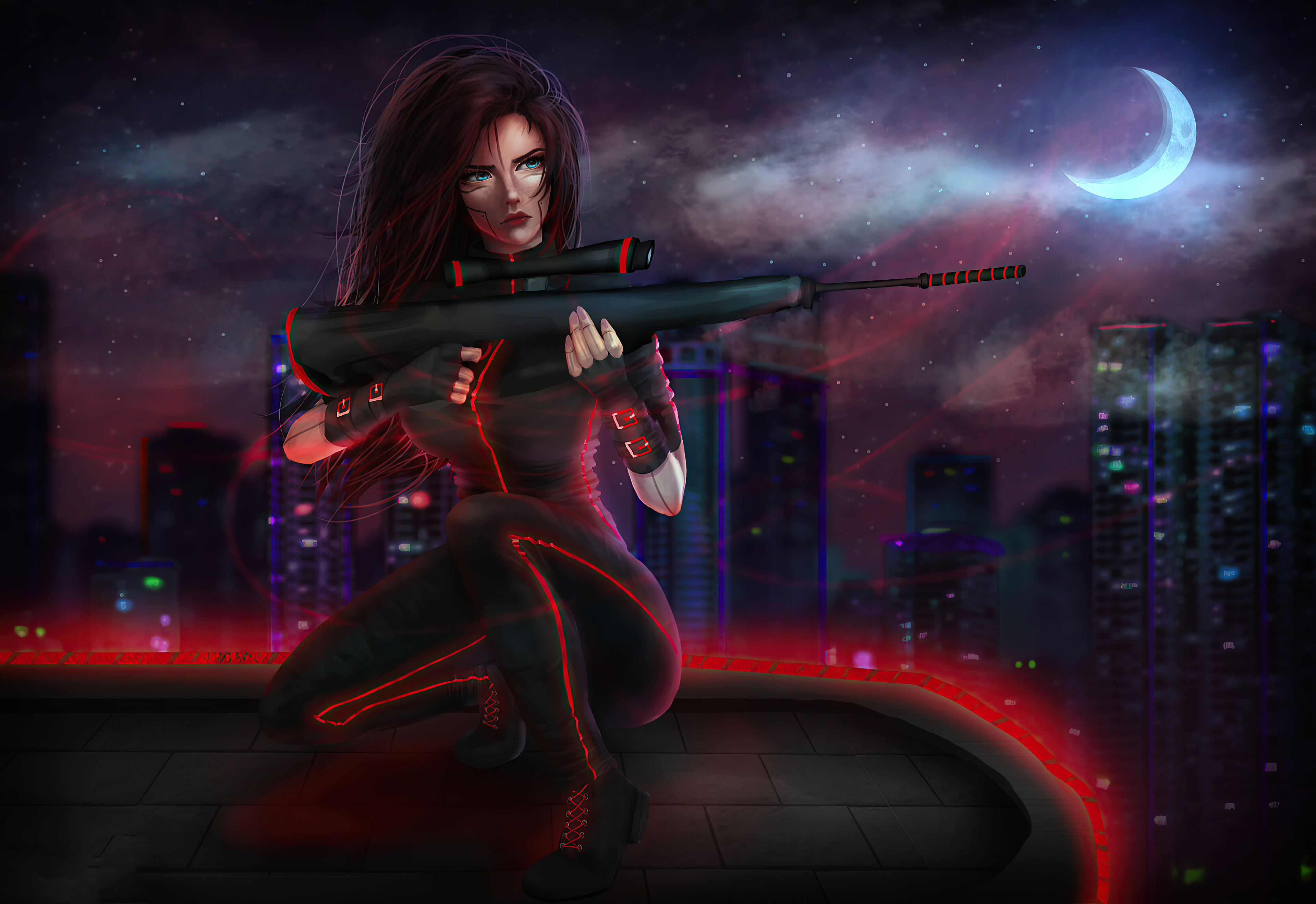 Cyberpunk Futuristic Girl Night Weapon Woman Warrior 3840x2638