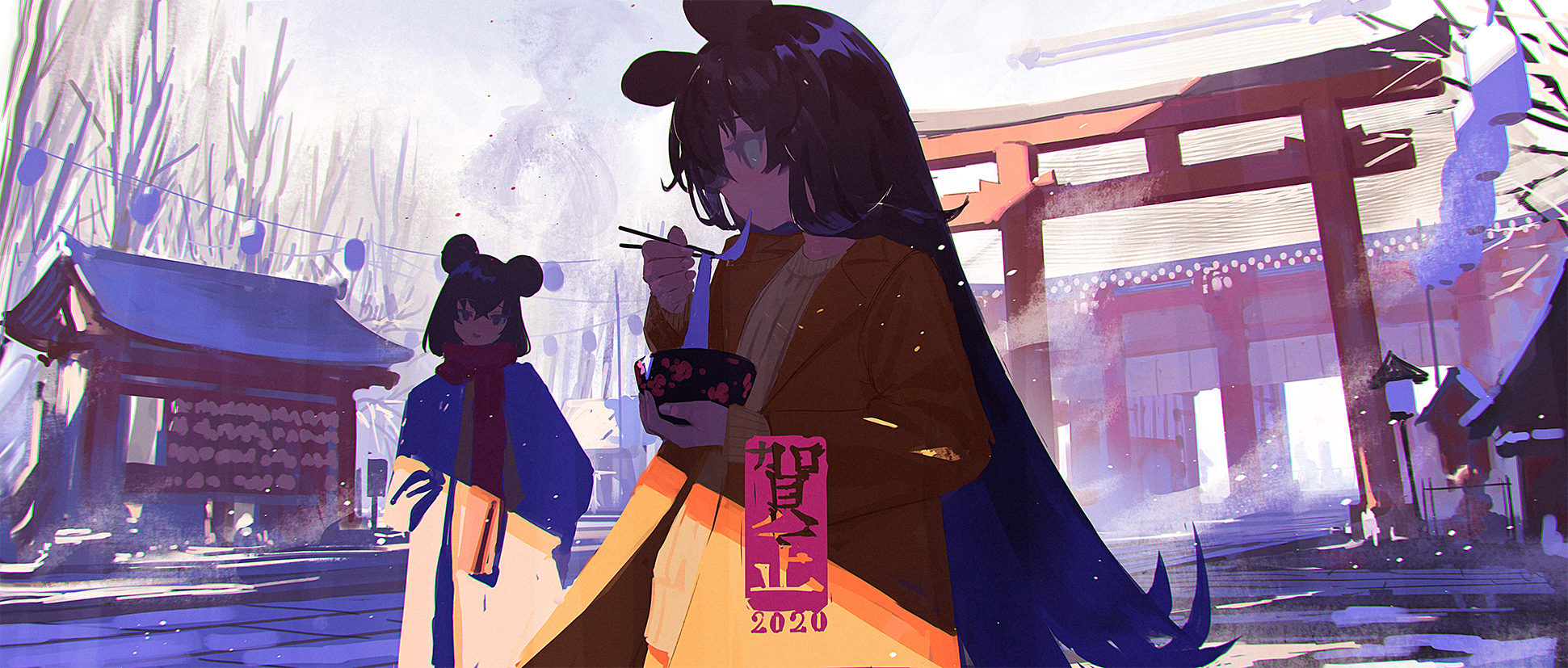 Anime Anime Girls Long Hair Dark Hair Mouse Ears Animal Ears Shinto Snow Reoen Women Two Women Asia  1941x827