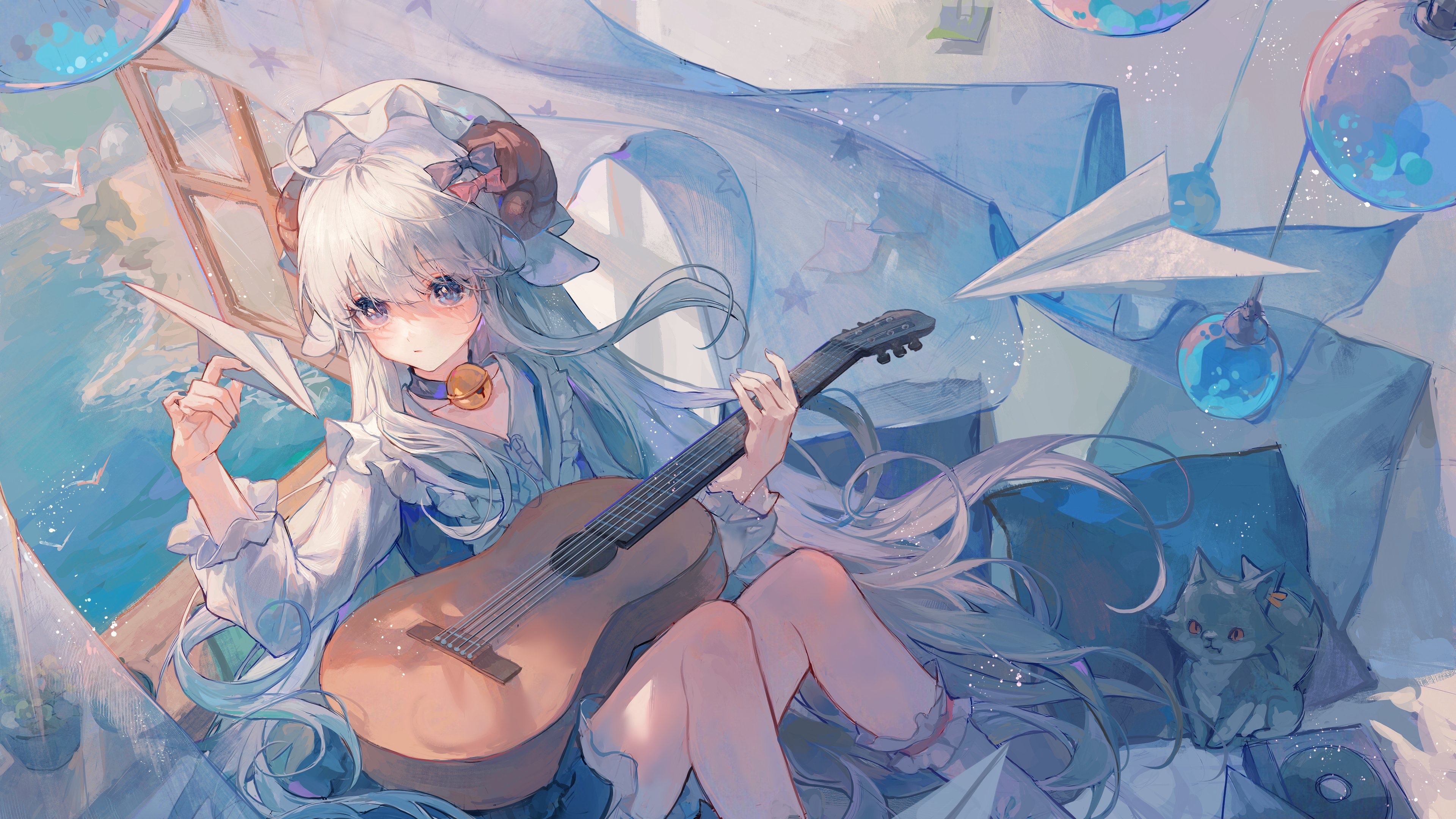 Anime Girls Original Characters Musical Instrument Cats Matcha Guitar Silver Hair Long Hair 3840x2160