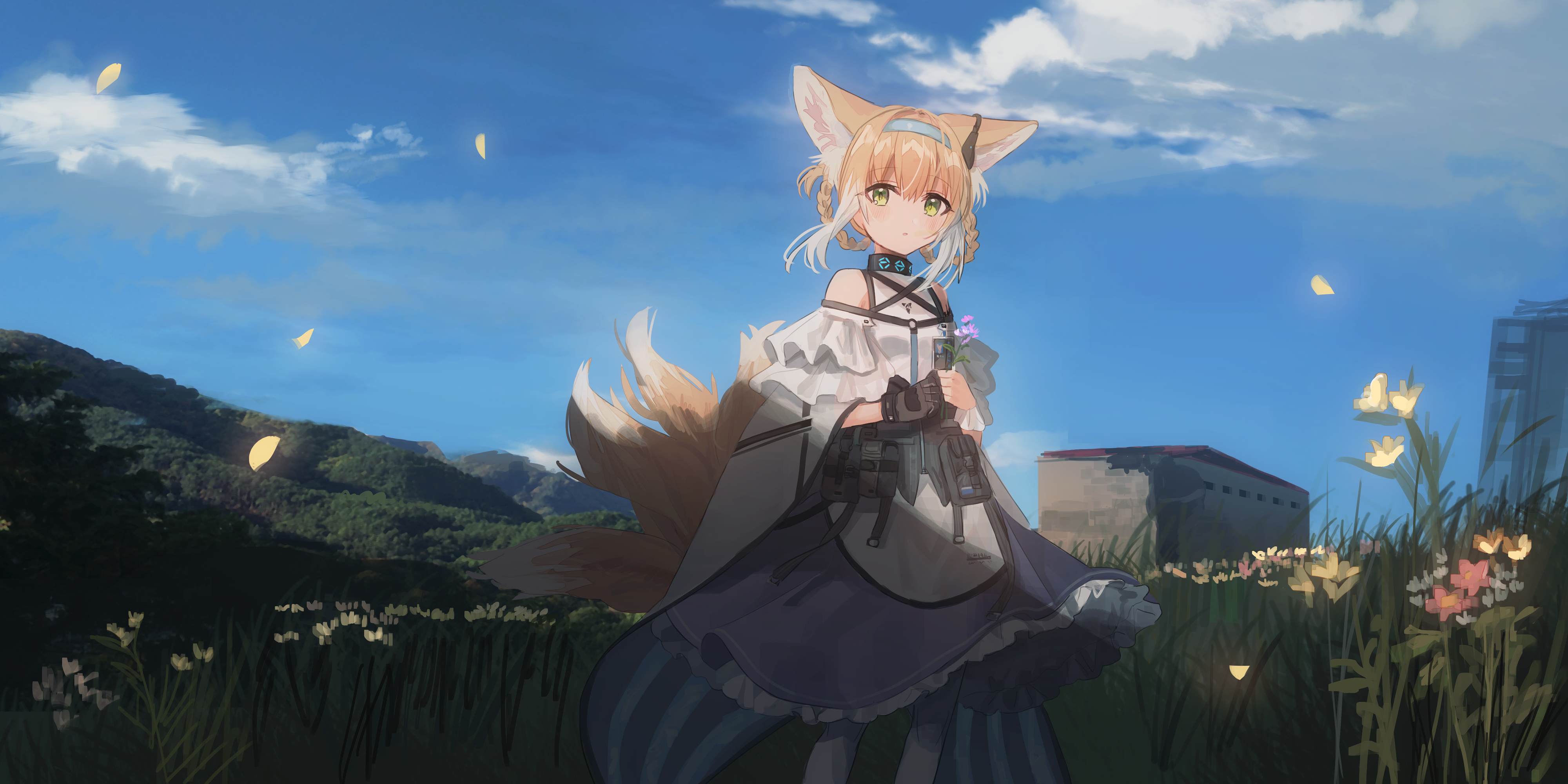 Anime Anime Girls Fox Ears Green Eyes Yellow Hair Fox Girl Fox Tail Flowers Field Mountains Arknight 4000x2000