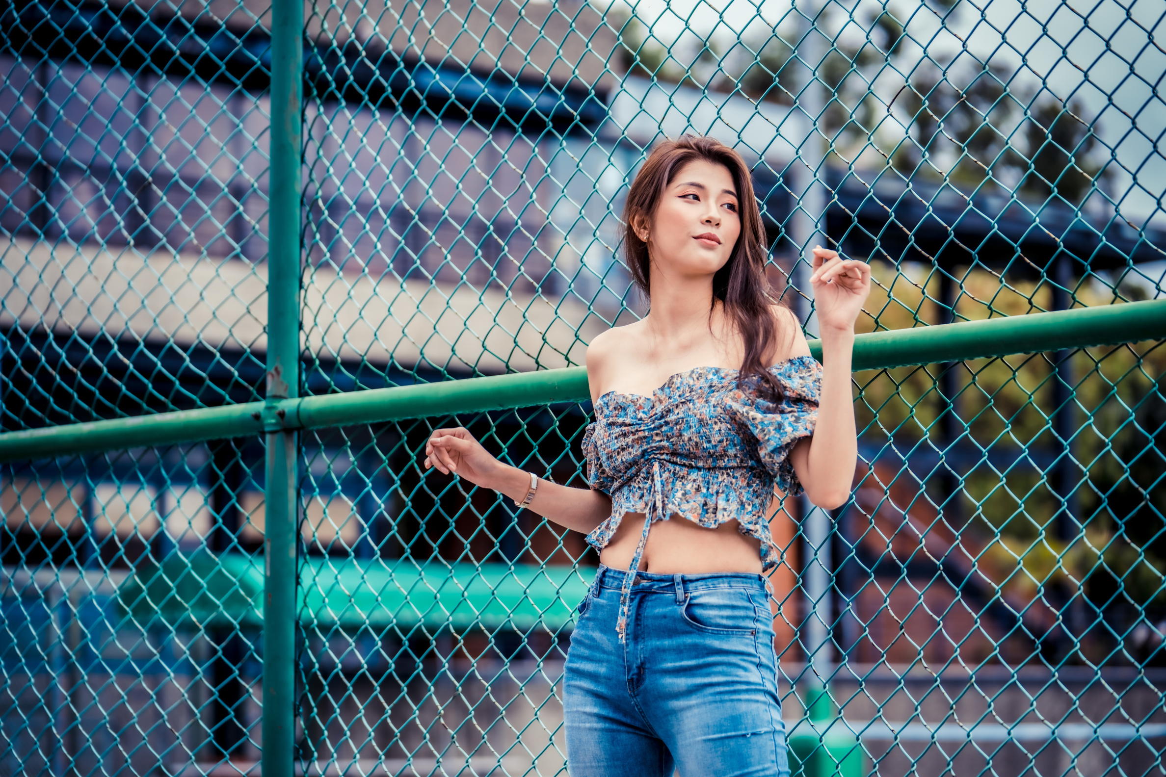 Asian Model Women Long Hair Brunette Depth Of Field Jeans Short Tops Fence Building 2376x1584