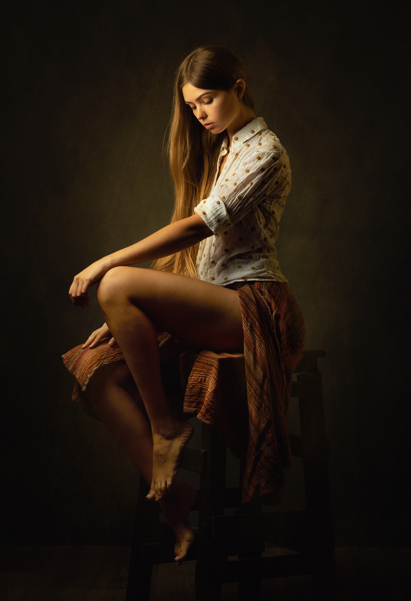 Zachar Rise Women Brunette Long Hair Shirt Skirt Barefoot Chair Warm Light Studio Women Indoors Legs 1400x2048