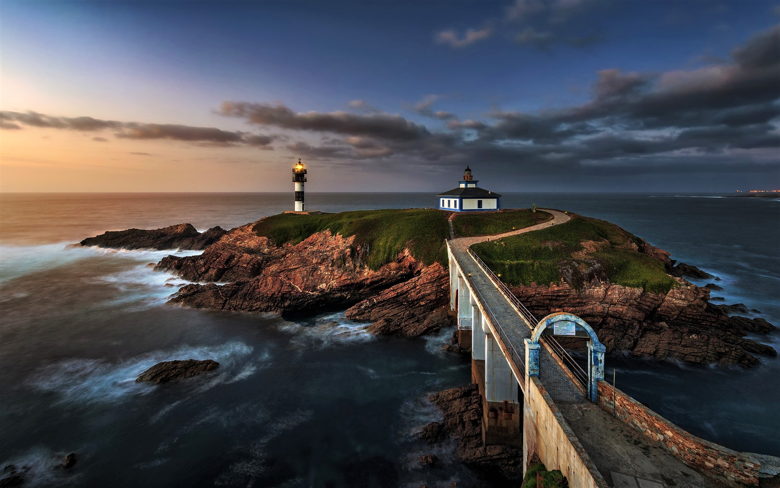 Bridge Horizon Island Lighthouse Ocean Sea Stone Walkway 2560x1600