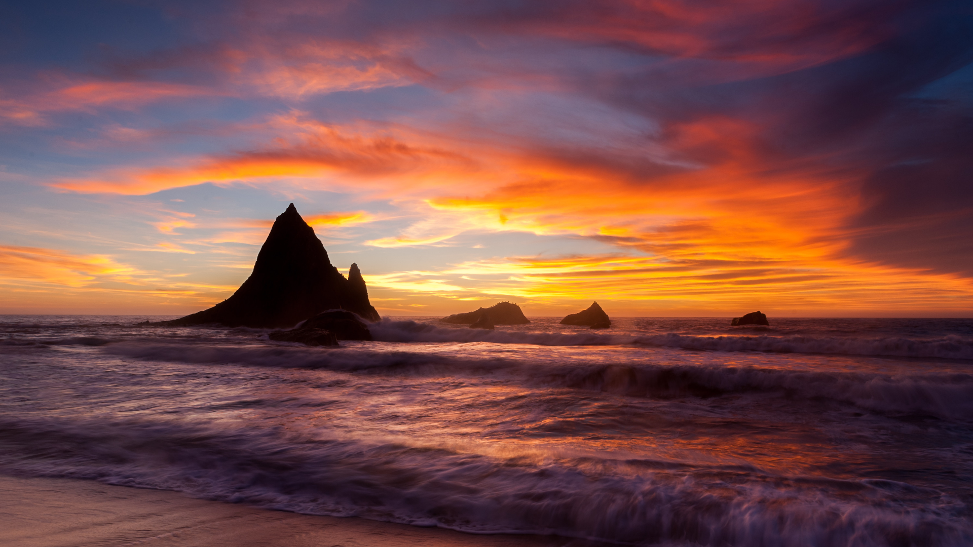 Nature Landscape Clouds Sky Water Waves Sand Long Exposure Rock Formation Sunset Bay California USA 1920x1080