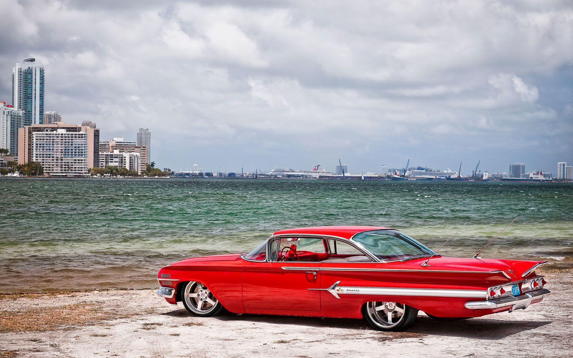 Red Tuner Car Beach Old Car White Blue Light Blue 1920x1200