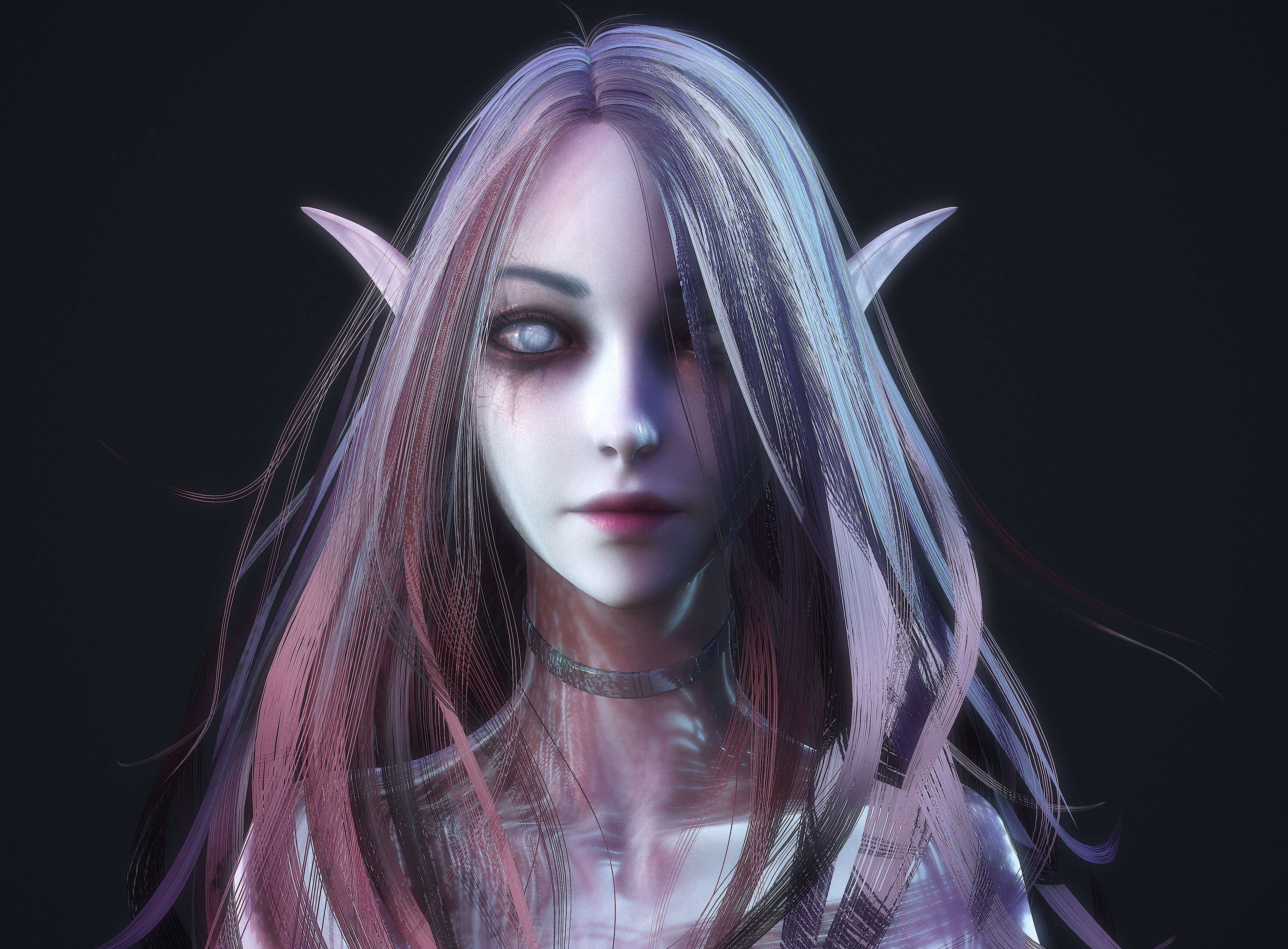 3D Render CGi Pointy Ears Fantasy Art Simple Background Fantasy Girl Face Portrait Long Hair Women 3800x2800