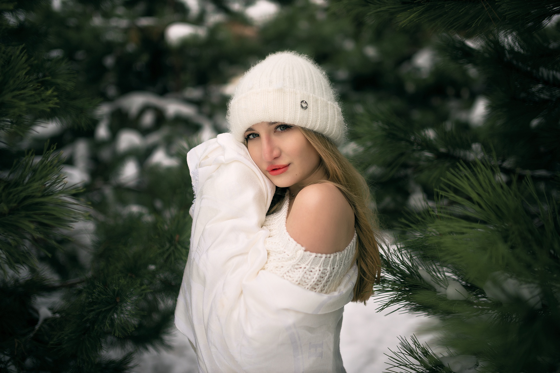 Model Women Blonde Blue Eyes Mouth Lips Lipstick Sweater Hoods Bare Shoulders Trees Winter Jacket To 1920x1282