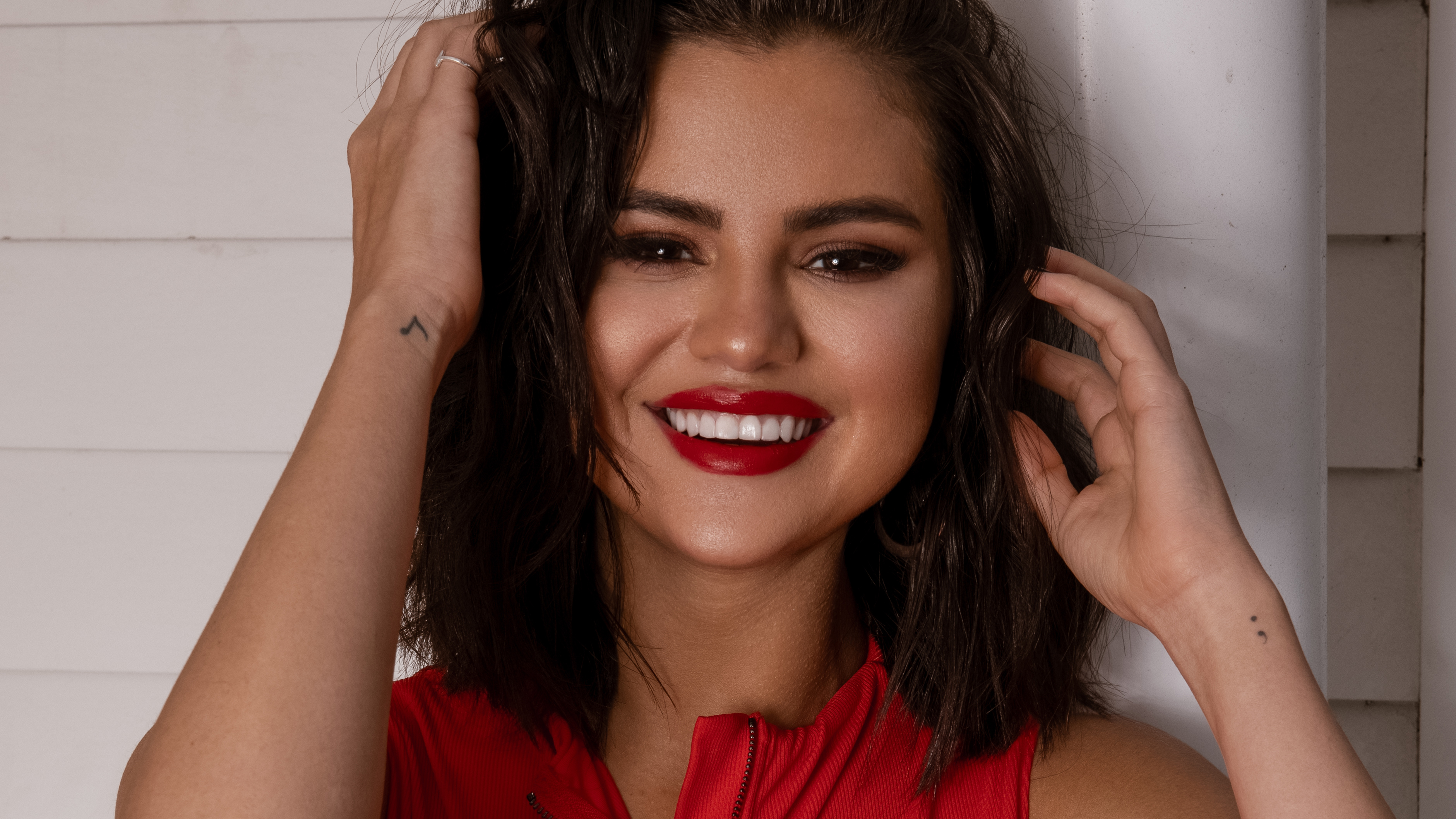 American Black Hair Brown Eyes Face Lipstick Selena Gomez Short Hair Singer Smile 3762x2116