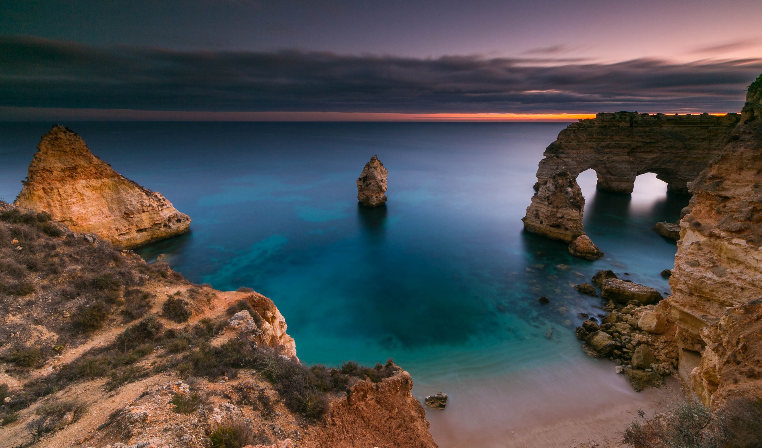 Algarve Coast Landscape Nature Ocean Portugal Rock Sunset 3000x1766
