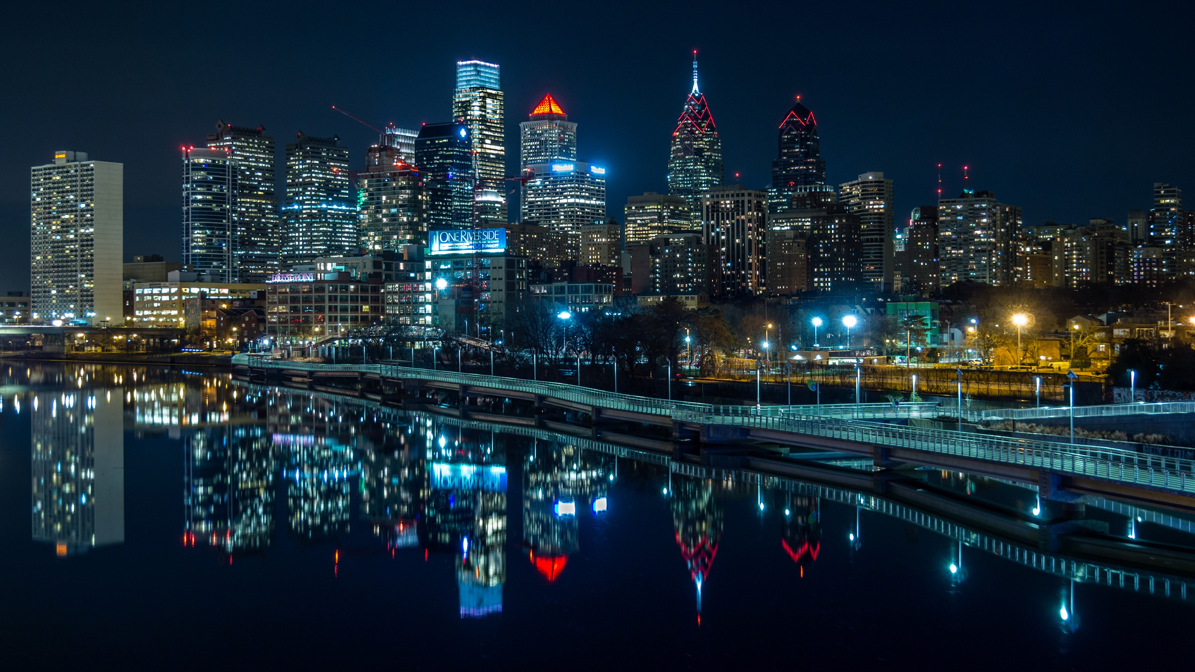 Philadelphia Cityscape City River Bridge Reflection 3840x2160