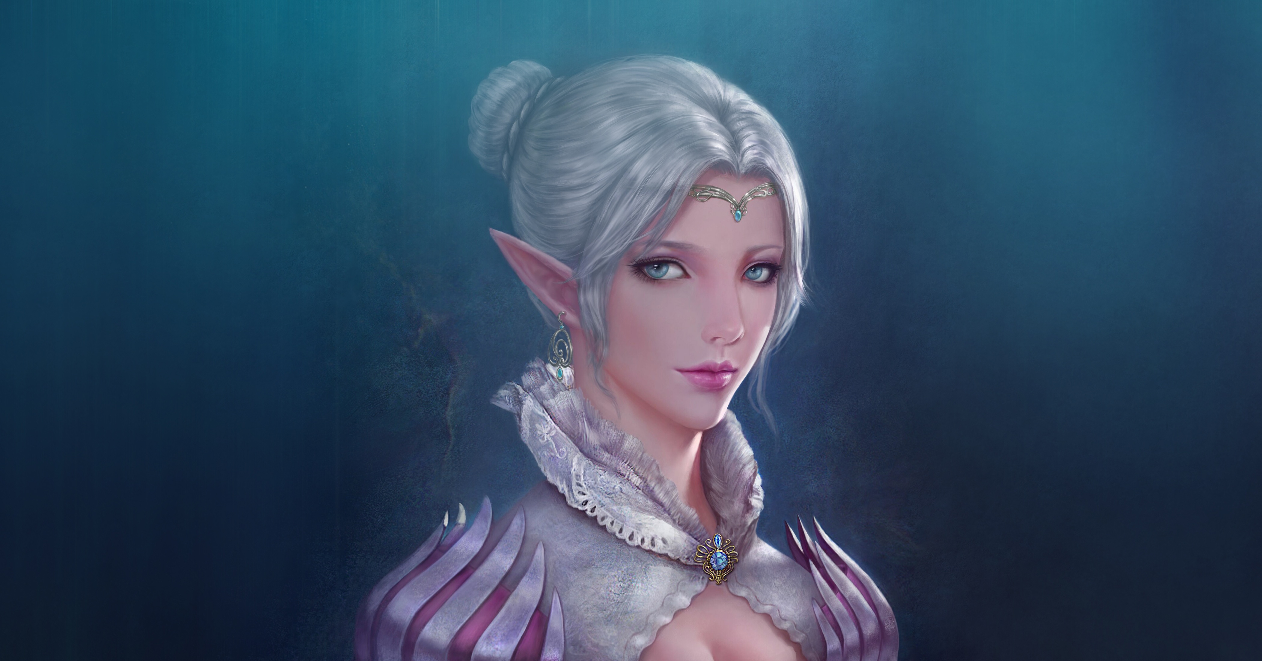 Aqua Eyes Elf Girl White Hair Woman 4200x2200