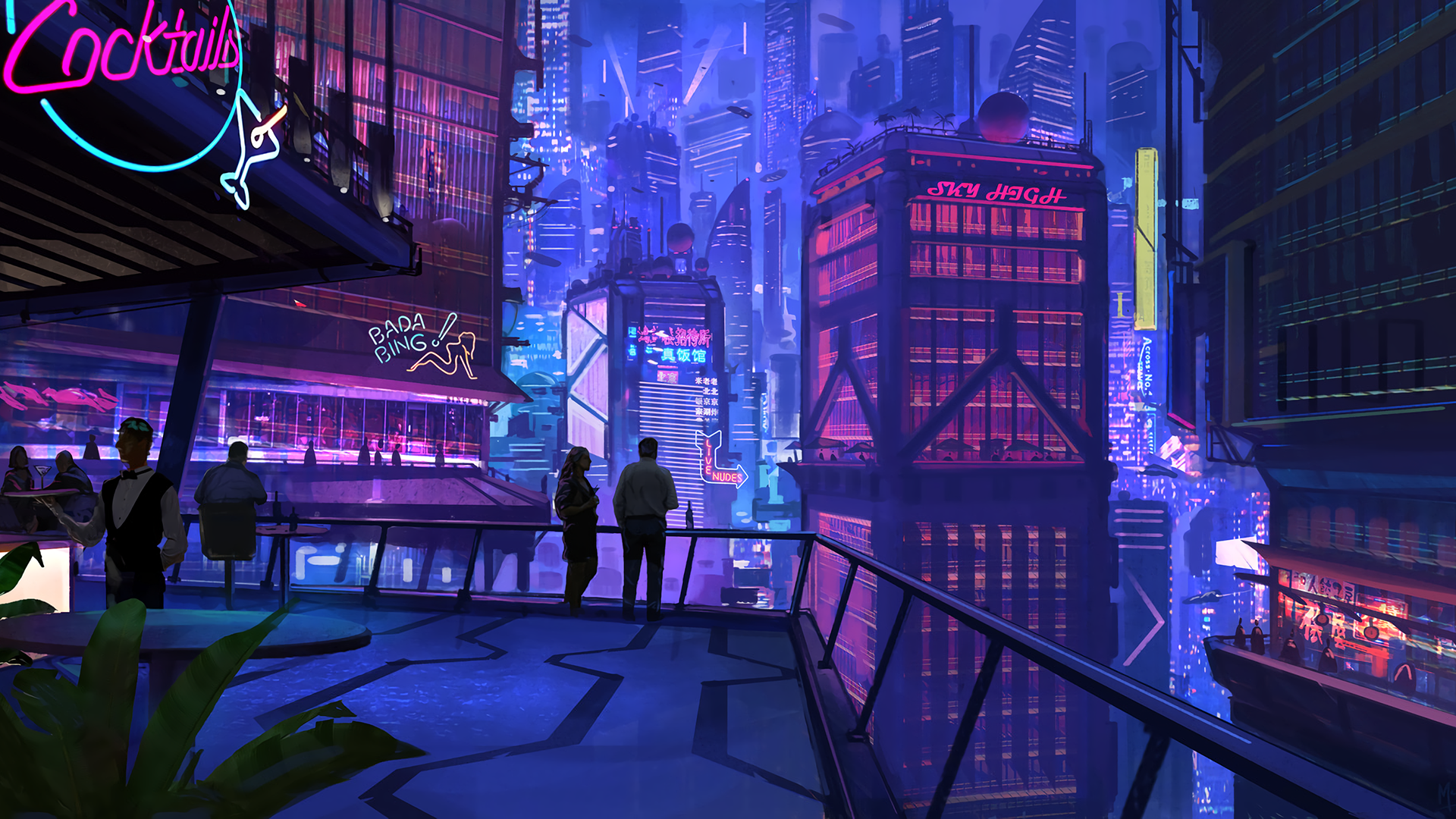 City Cyberpunk Night Rooftop 1920x1080