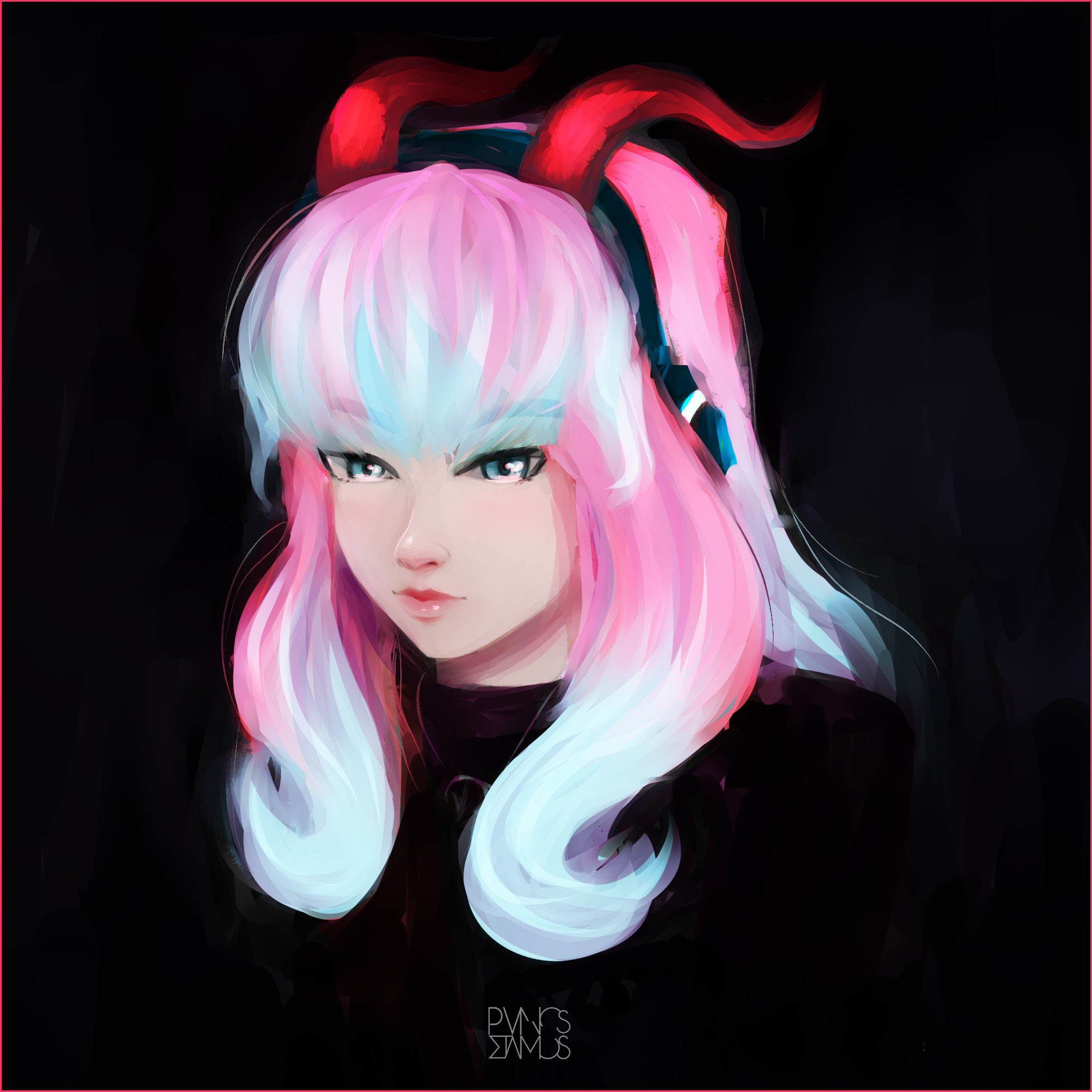Pink Hair Black Background Anime Girls Horns Painting Chinese Brush Painting Blue Eyes Drawing Artwo 2000x2000