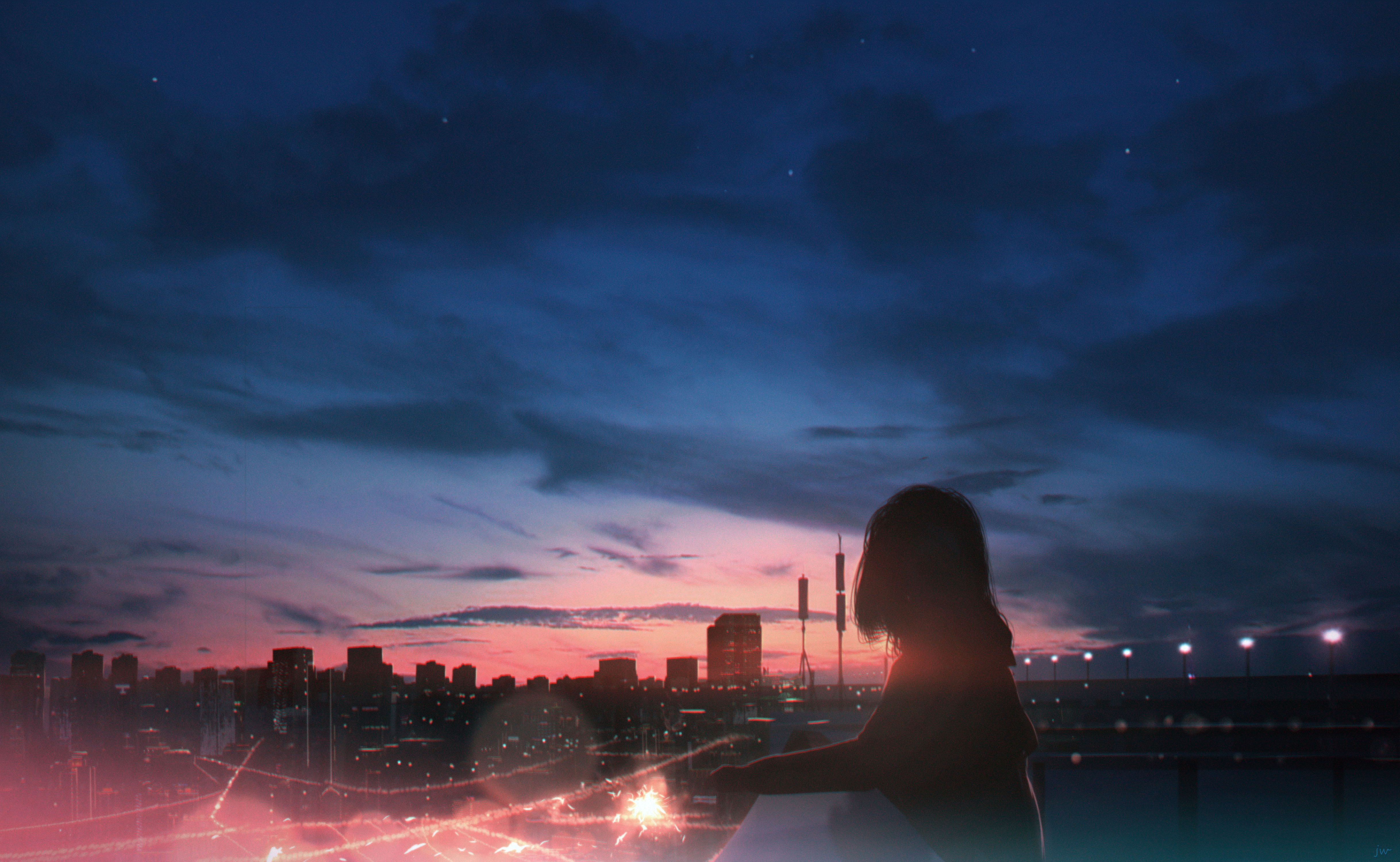 Anime Anime Girls Sky Clouds City Lights Sunset Long Hair Sparkles Looking Away HuashiJW 4872x3000