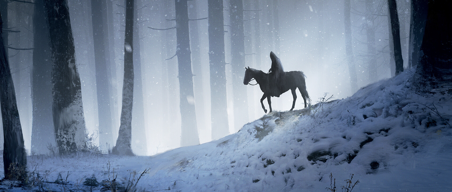 Horse Riding Snow Forest Artwork Digital Painting 1920x816