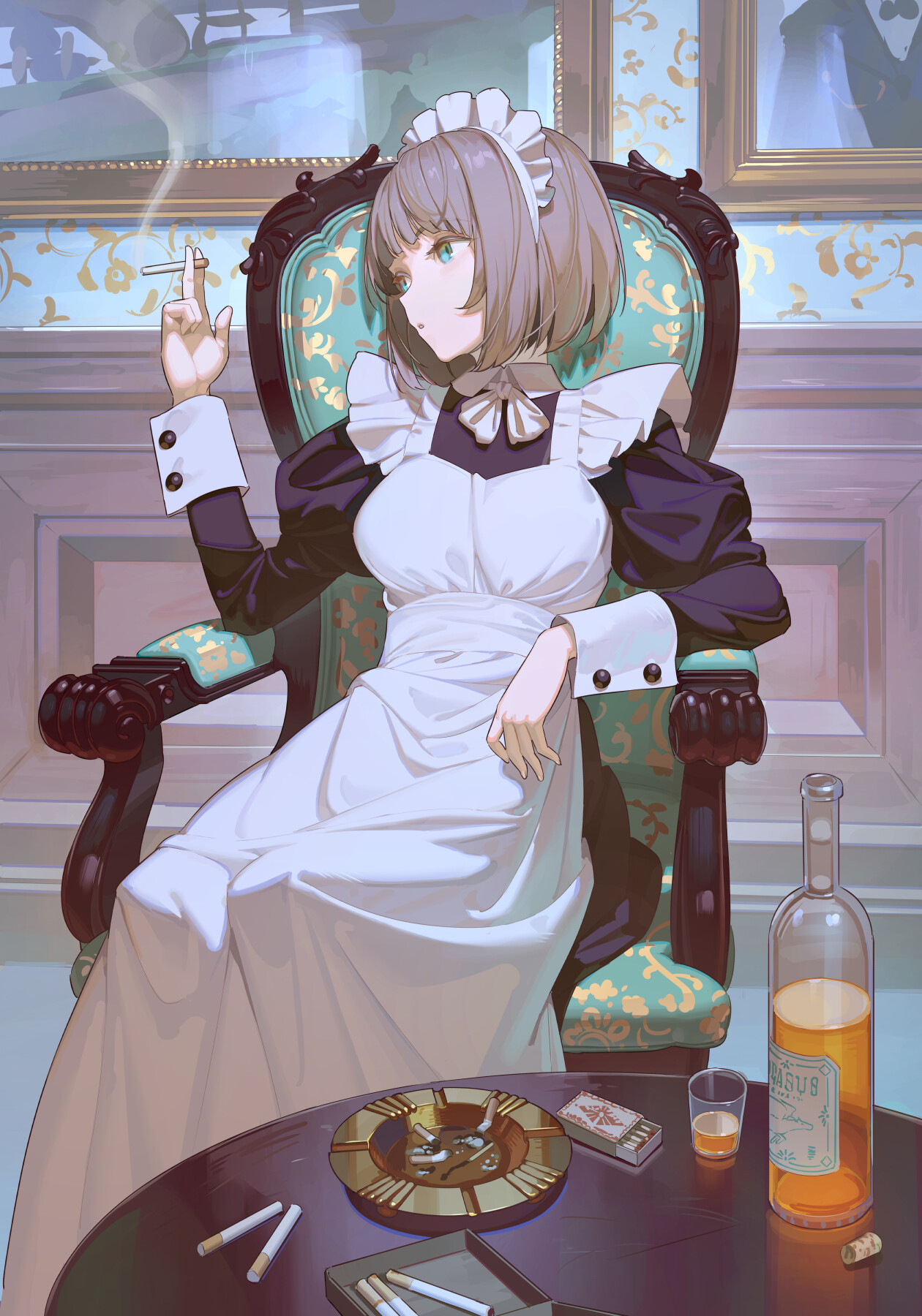 Anime Anime Girls Maid Uniform Relaxing Cigarettes Smoking Sitting Bottles Alcohol Matches Aqua Eyes 1260x1800
