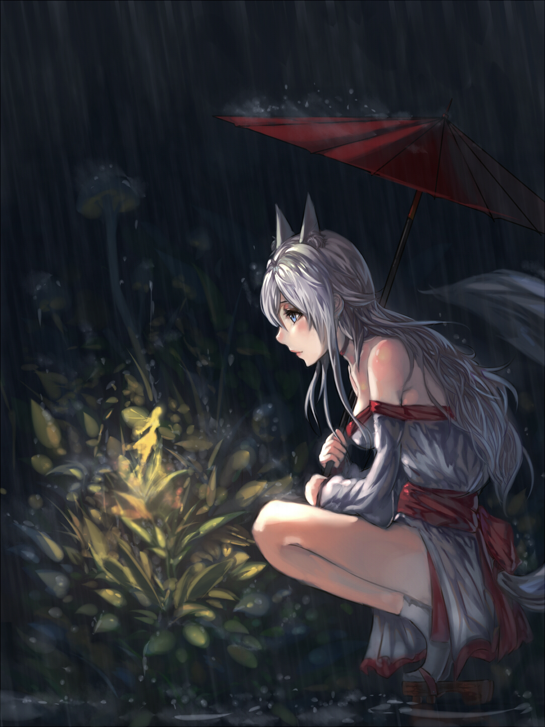 Kuroduki Anime Anime Girls Fox Girl Rain Umbrella 1080x1440