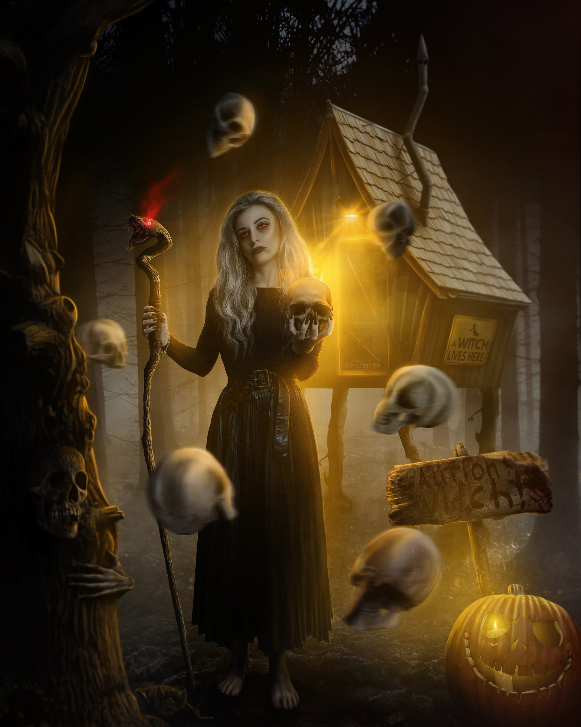 Sergey Artist Skeleton Hut Skull Women Portrait Display Pumpkin Digital Painting Digital Art Blonde  1920x2400