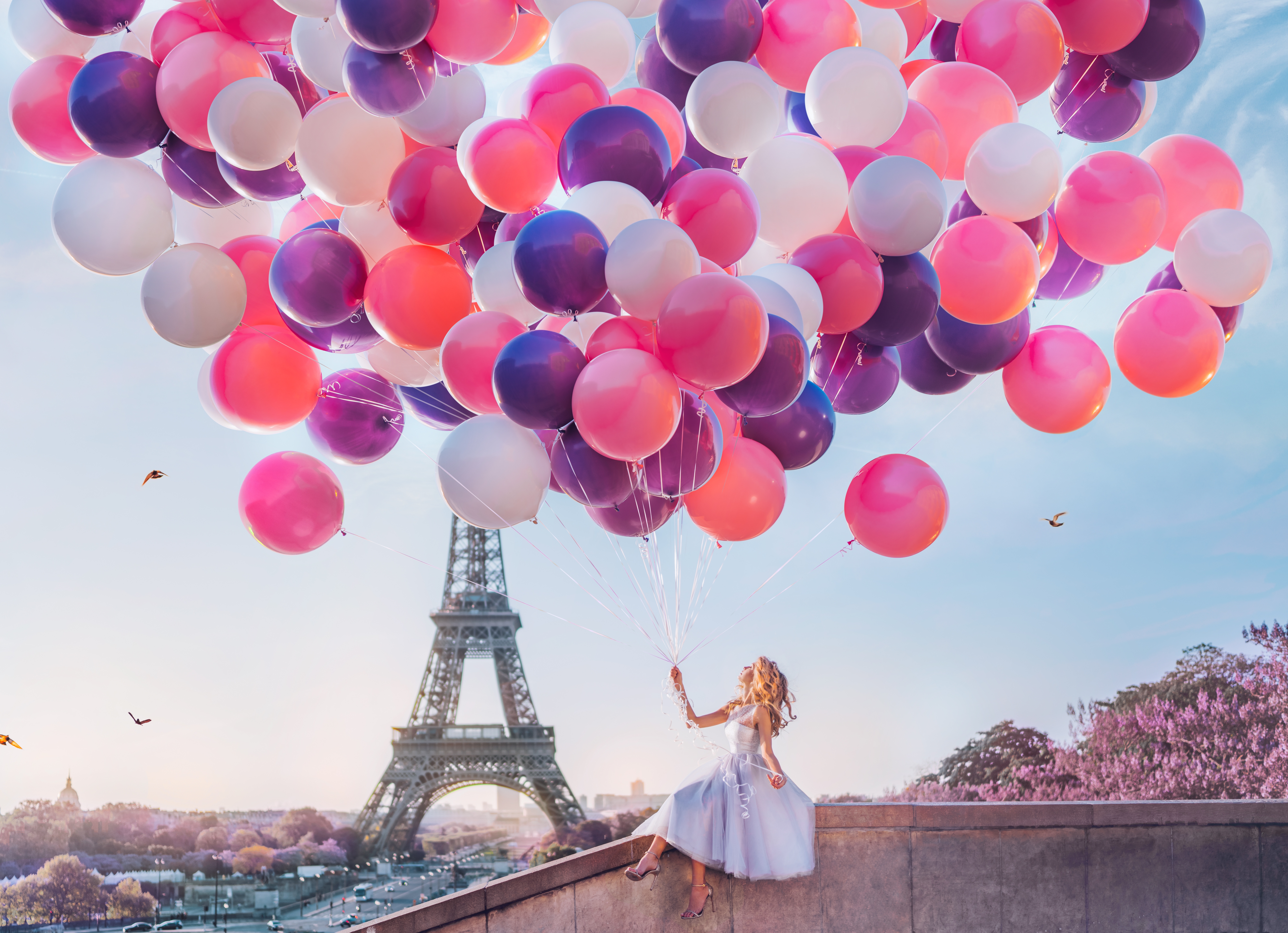 Balloon Blonde Dress Eiffel Tower France Girl Model Mood Paris White Dress Woman 7952x5758