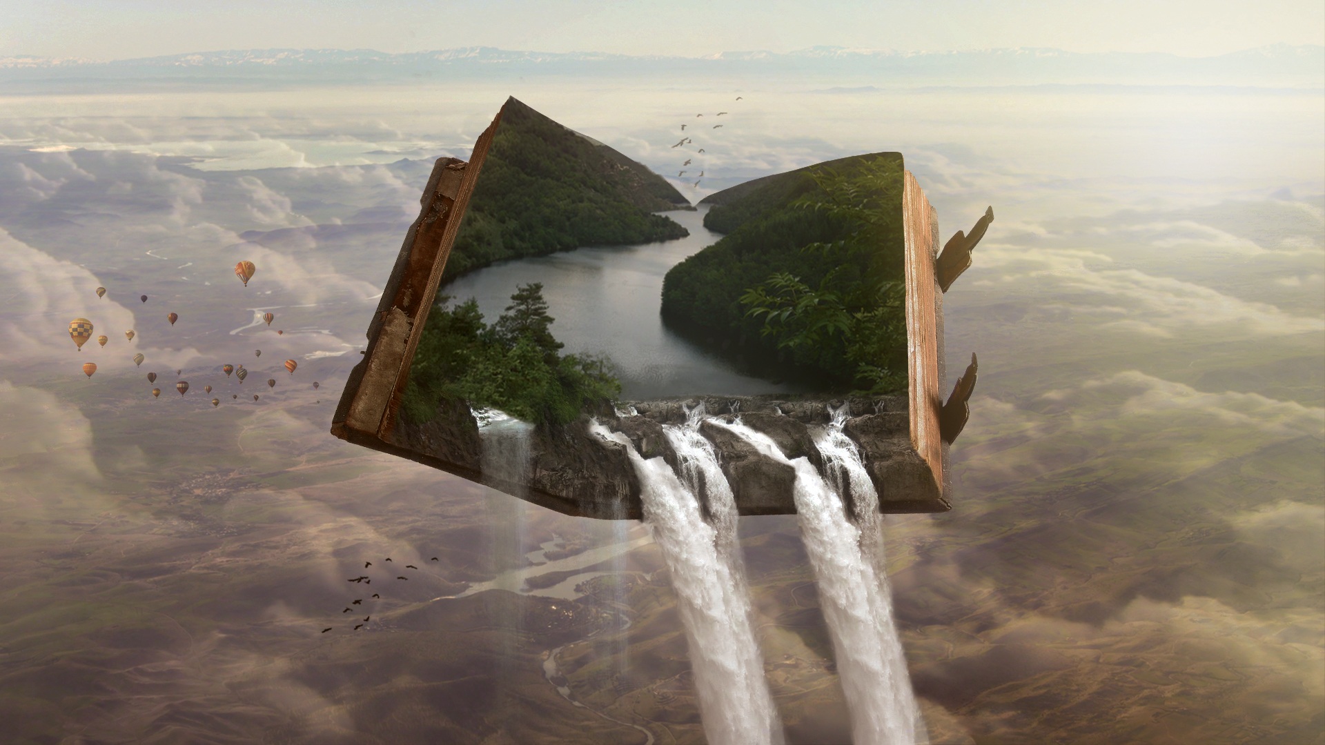 Nature Waterfall Books Hot Air Balloons Landscape River Forest Photoshop 1920x1080