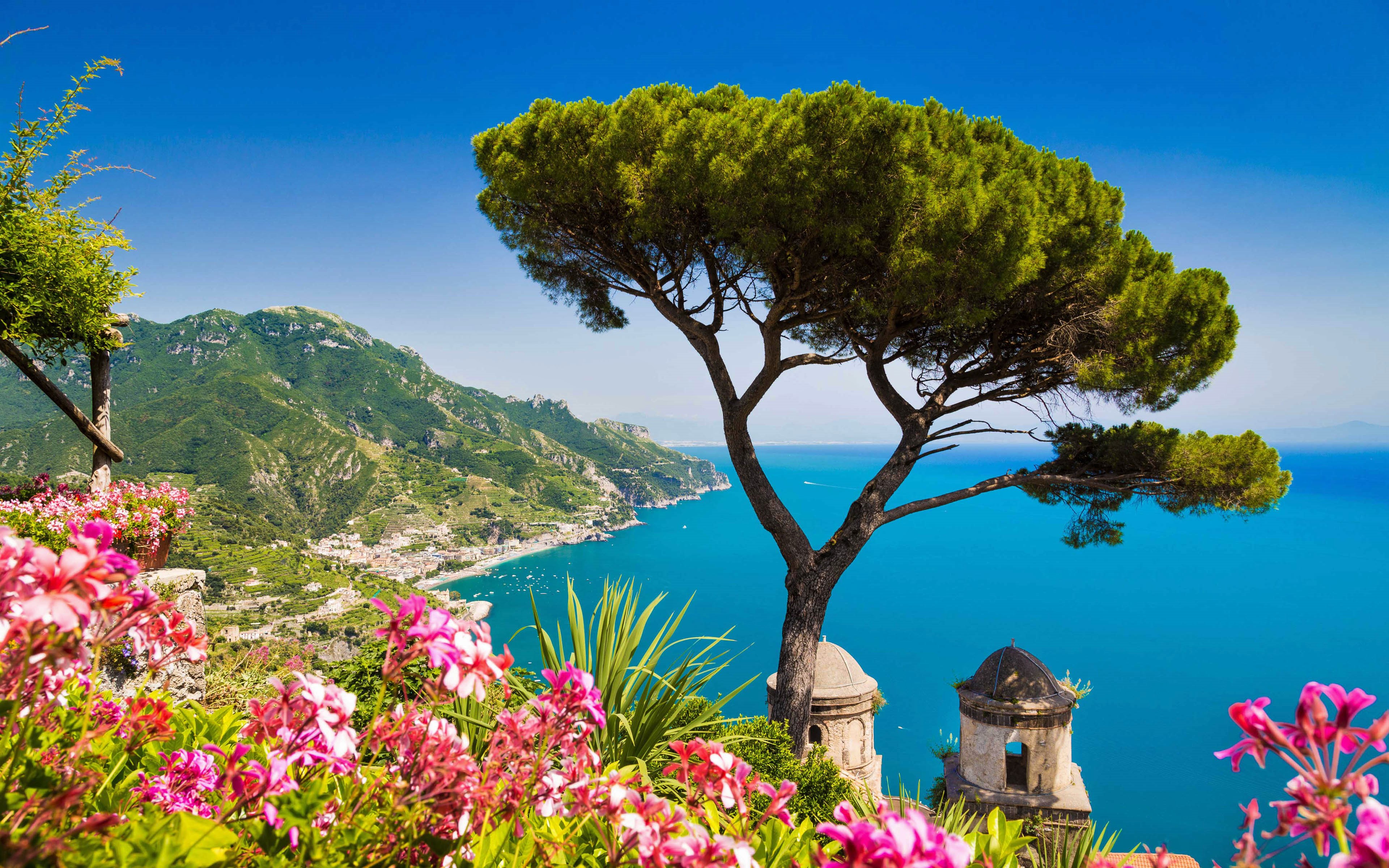 Amalfi Coastline Flower Horizon Italy Ocean Pink Flower Sea Tree 3840x2400