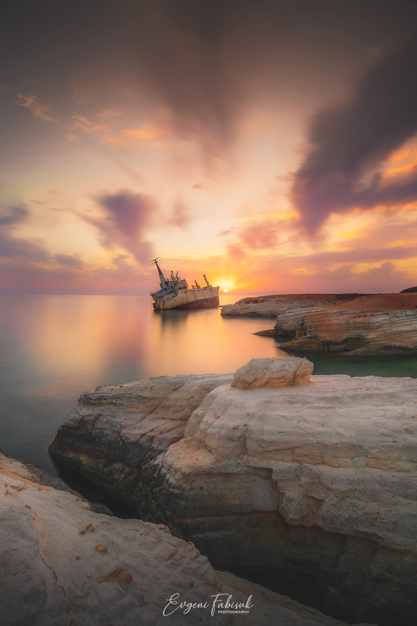 Nature Landscape Portrait Display Shipwreck Evgeni Fabisuk Rock Cliff Sun Clouds Cyprus Sea 1365x2048