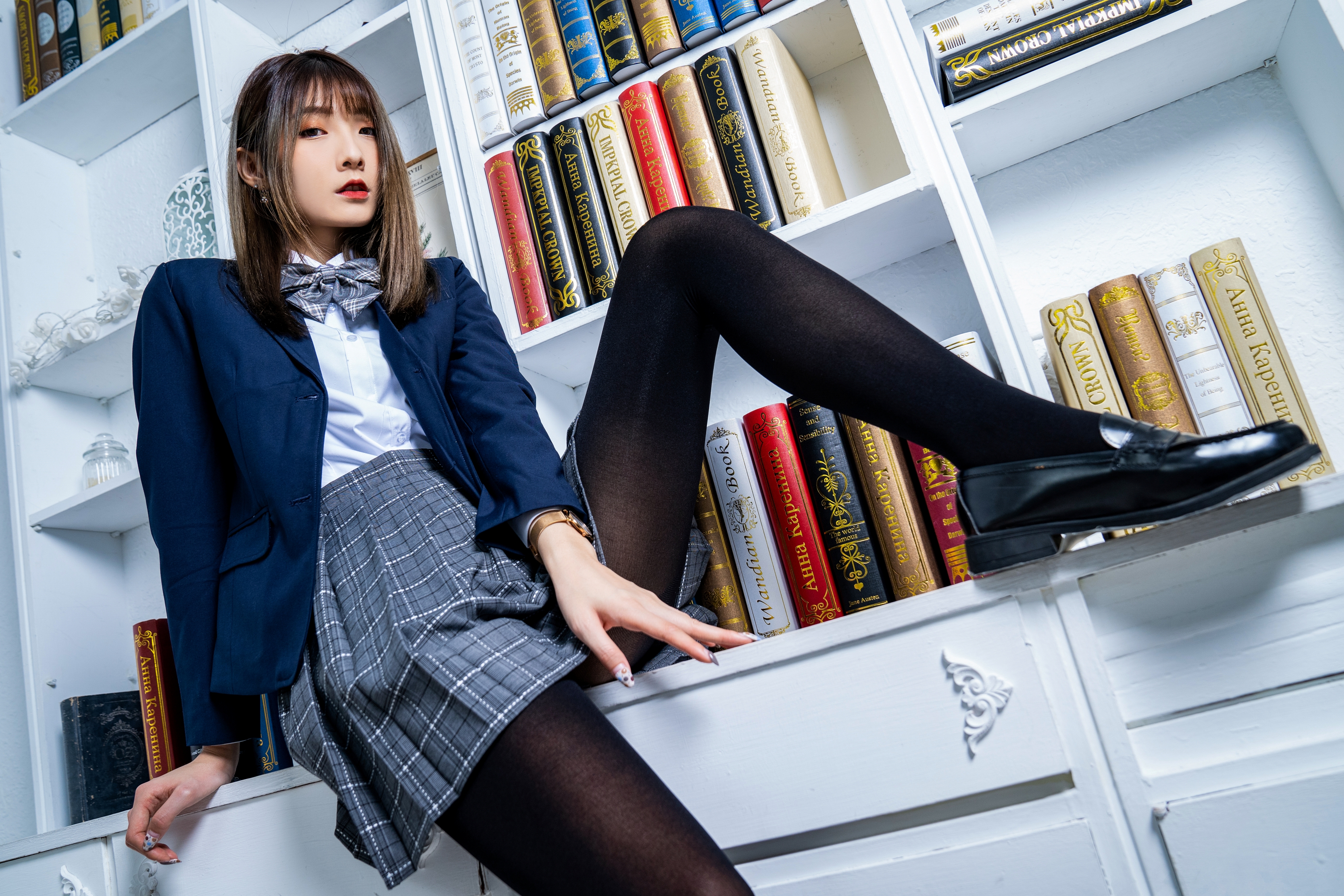 Women Model Asian Brunette Cosplay School Uniform Sitting Looking At Viewer Parted Lips Bookcase Ind 3840x2560