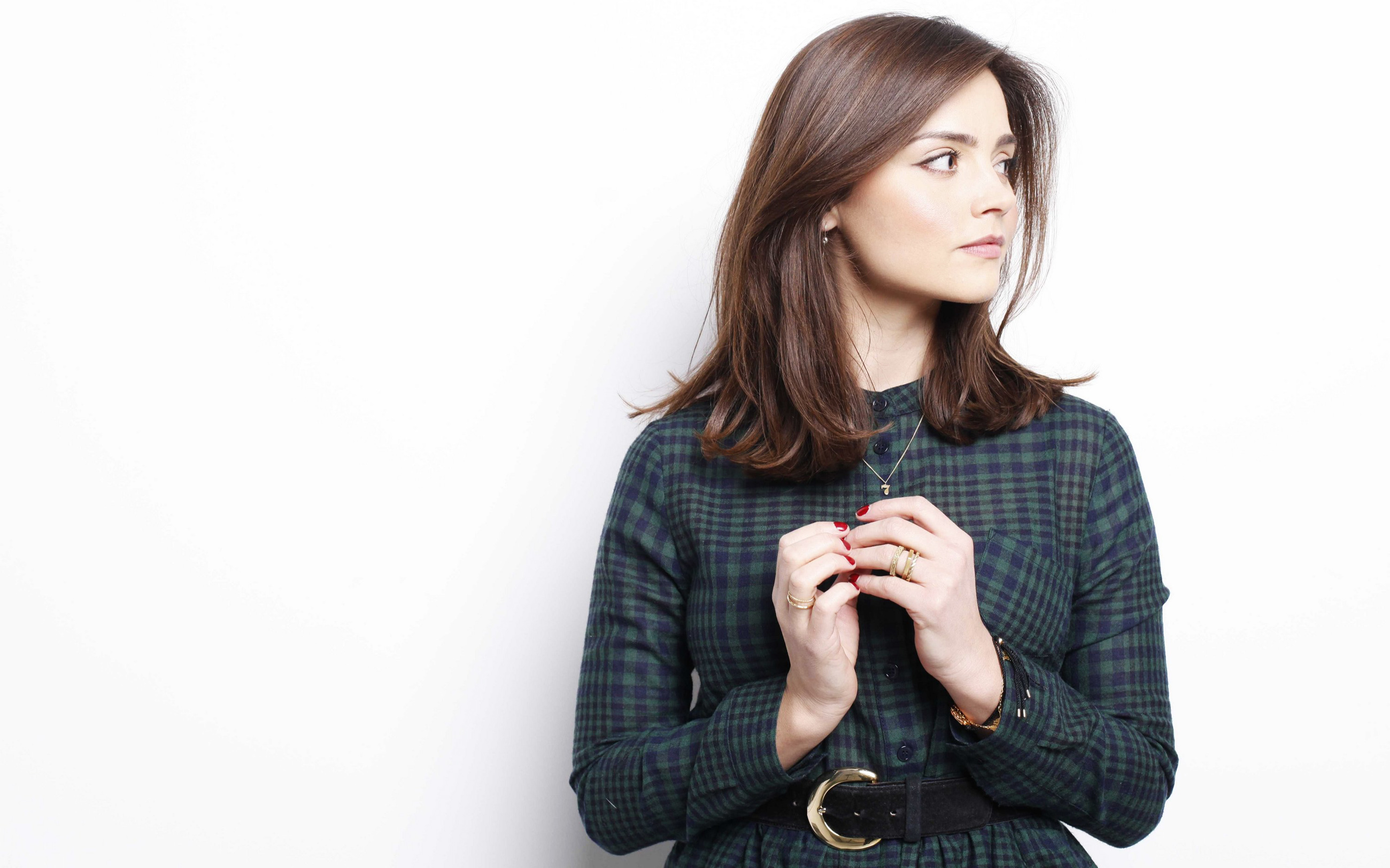 Jenna Louise Coleman Women Actress Long Hair White Background Looking Away Necklace Earring 2600x1625
