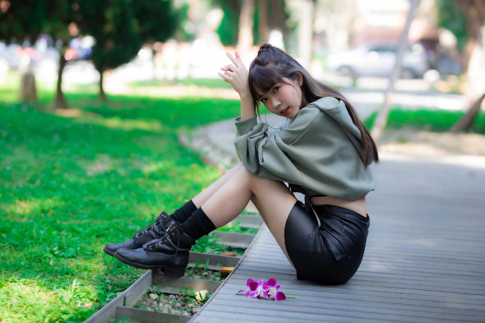 Asian Model Women Long Hair Dark Hair Pullover Black Skirts Shoes Sitting Ponytail Serene Liu 1920x1280