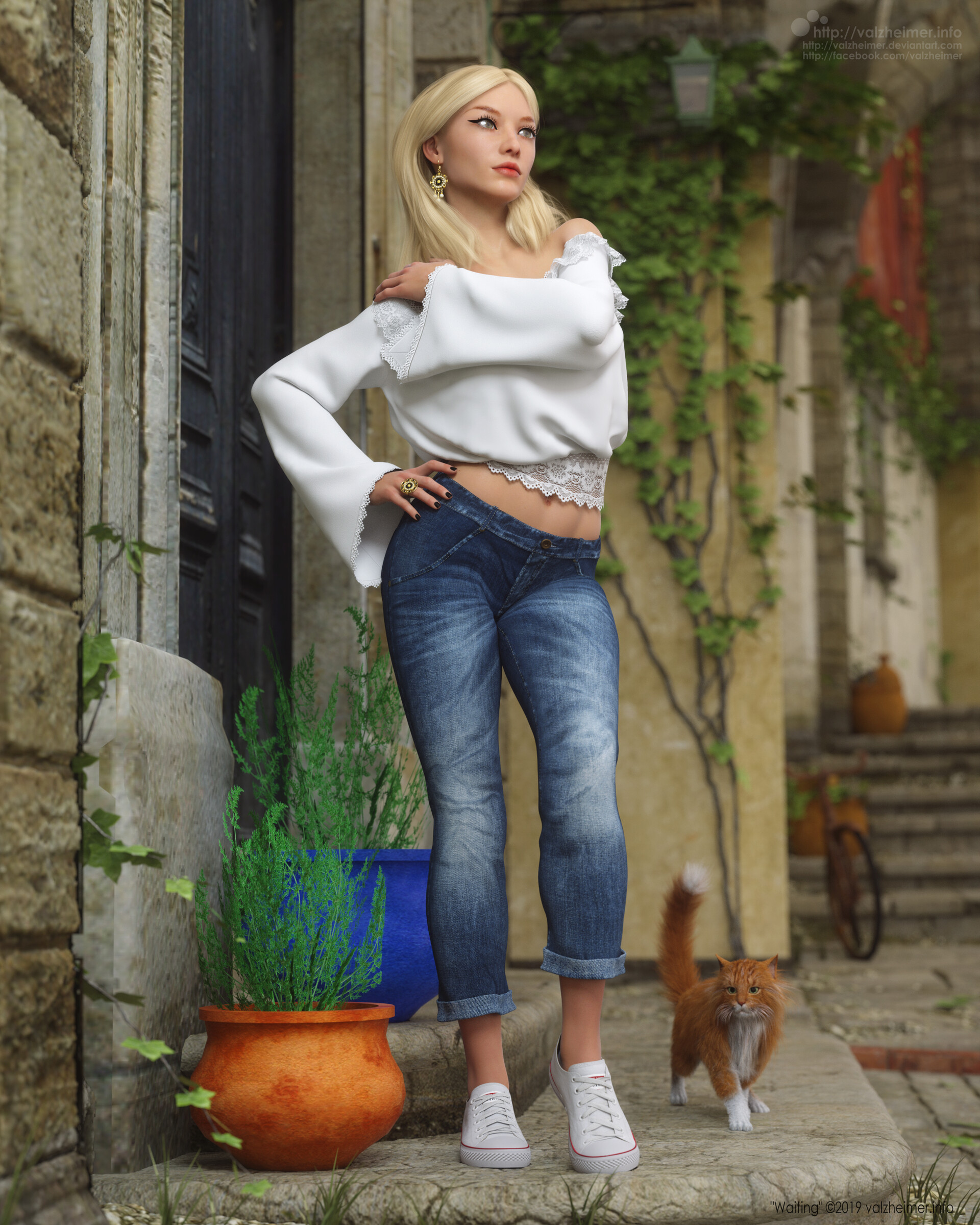 Verica Hupe Standing Bare Midriff Women Looking Away Jeans Digital Painting Digital Art Blonde White 1920x2400