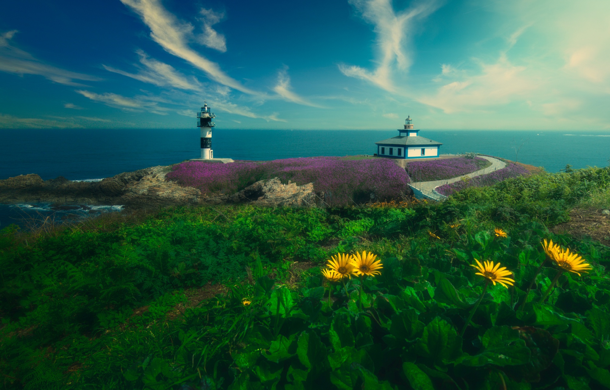 Bridge Flower Island Lighthouse Nature Sea Spain Vegetation 2000x1279