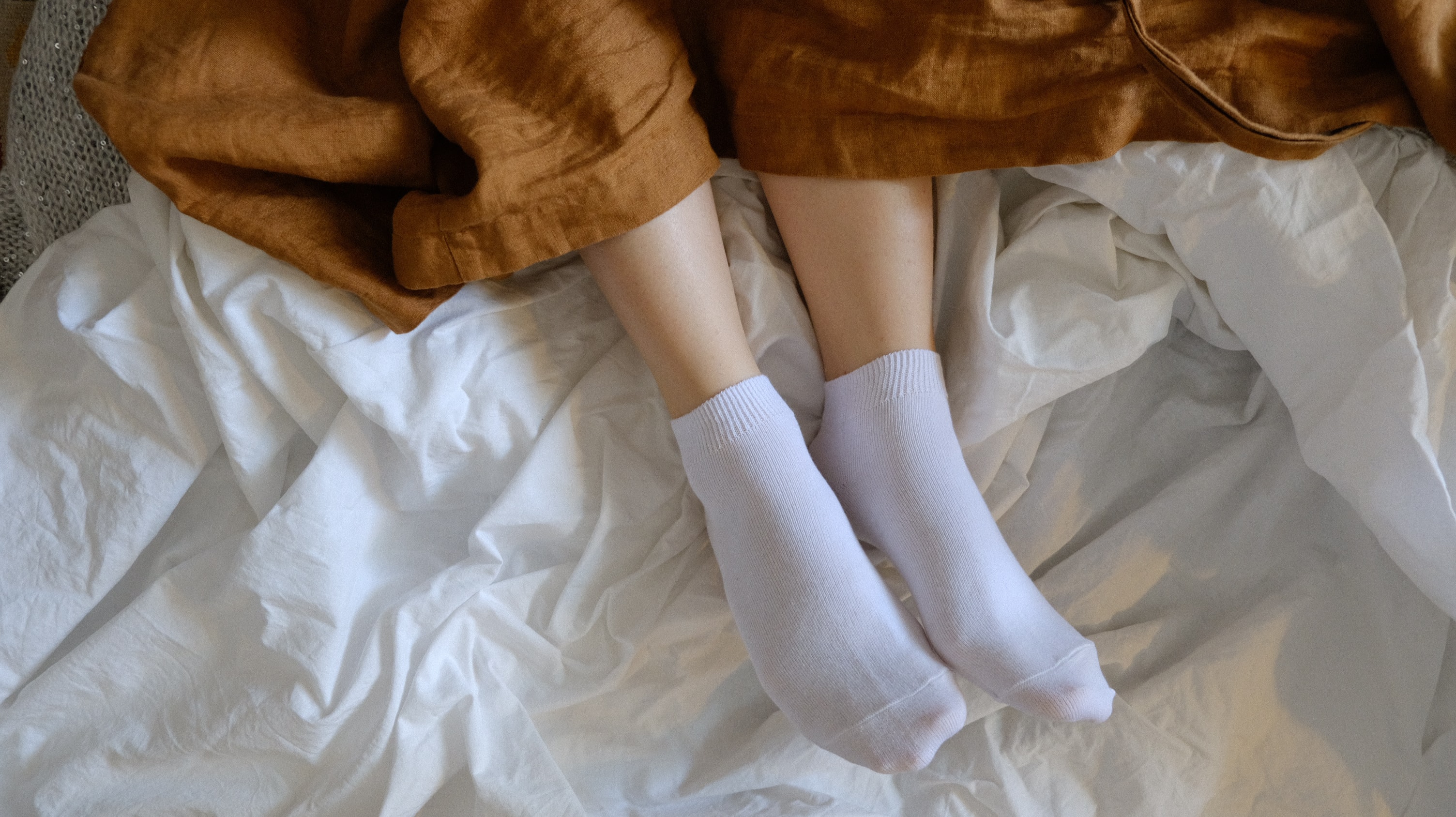 Socks White Socks Short Socks Legs Feet In Bed Linen Robe High Angle Women Women Indoors Model 3008x1688