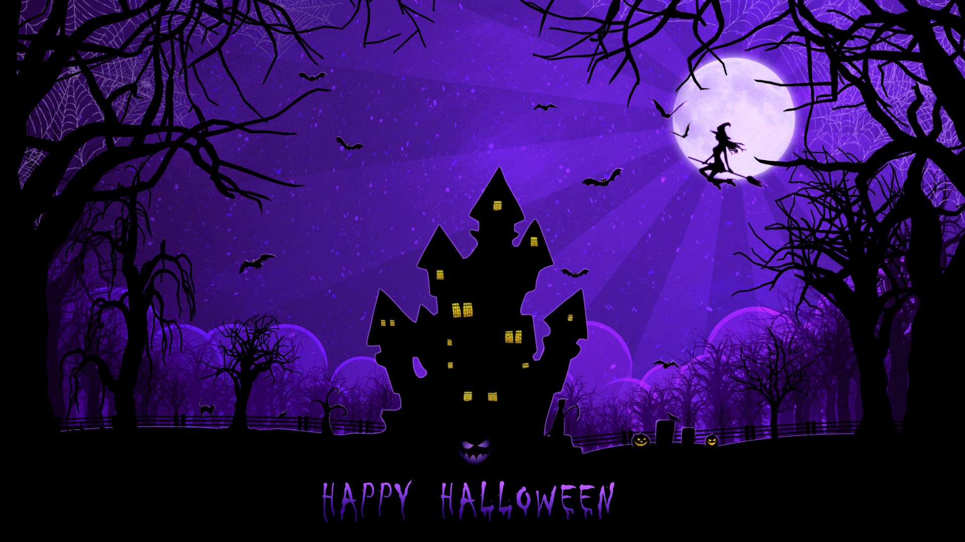 Bat Halloween Happy Halloween Holiday House Moon Night Purple Witch 1920x1080