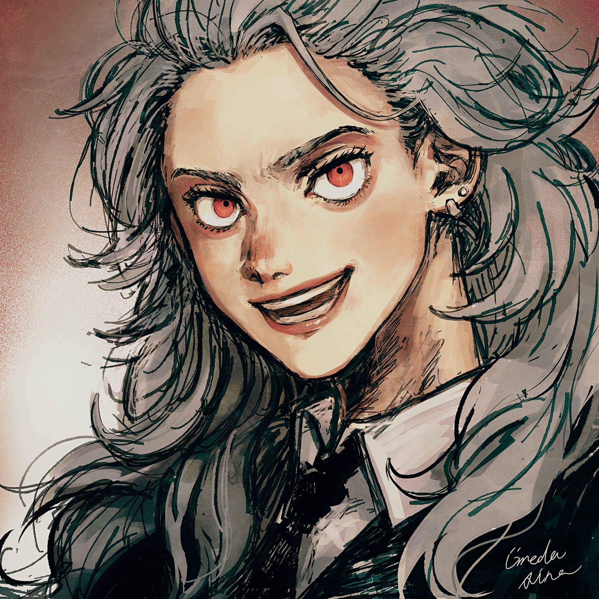 Dorohedoro Black Suit Smiling Open Mouth Pink Lipstick Messy Hair Red Eyes Piercing Looking At Viewe 2048x2048