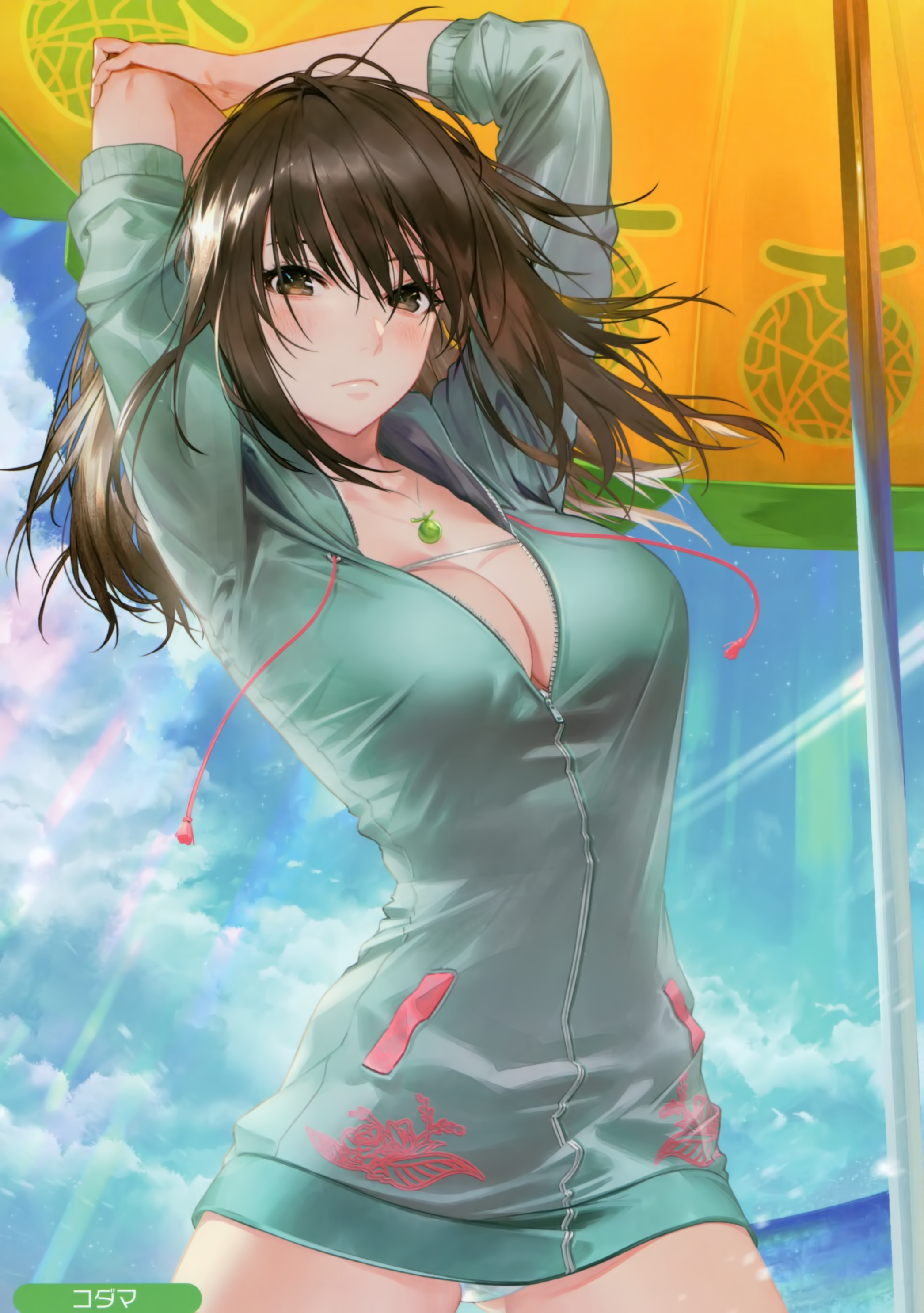 Anime Girls Kodama Wa Ka Me Jacket Brunette Brown Eyes Beach Umbrella 2091x2970