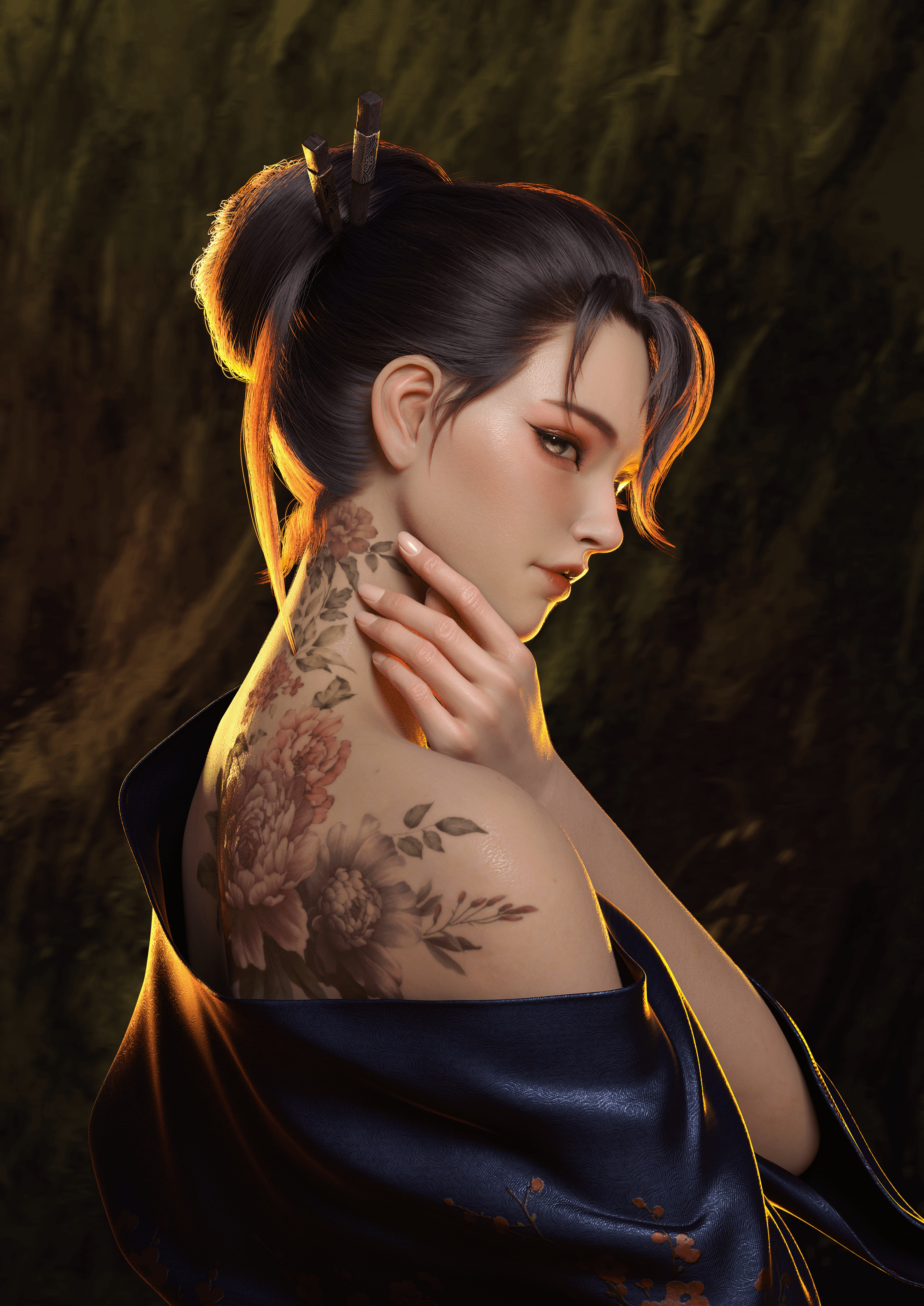 Samurai Women Tattoo ArtStation Brunette Robes Digital Art Hand On Neck Artwork Looking Back 3000x4241