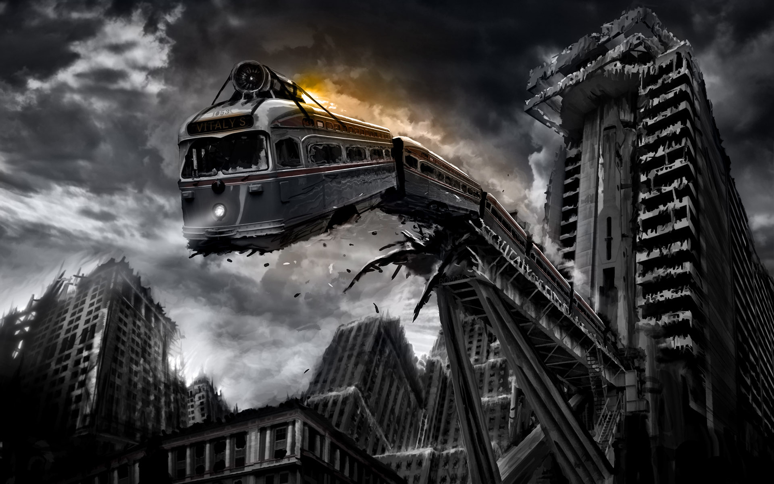 Artwork Digital Art Apocalyptic Train Tram City Building Ruins Falling Bridge Horror Low Angle Monoc 2560x1600