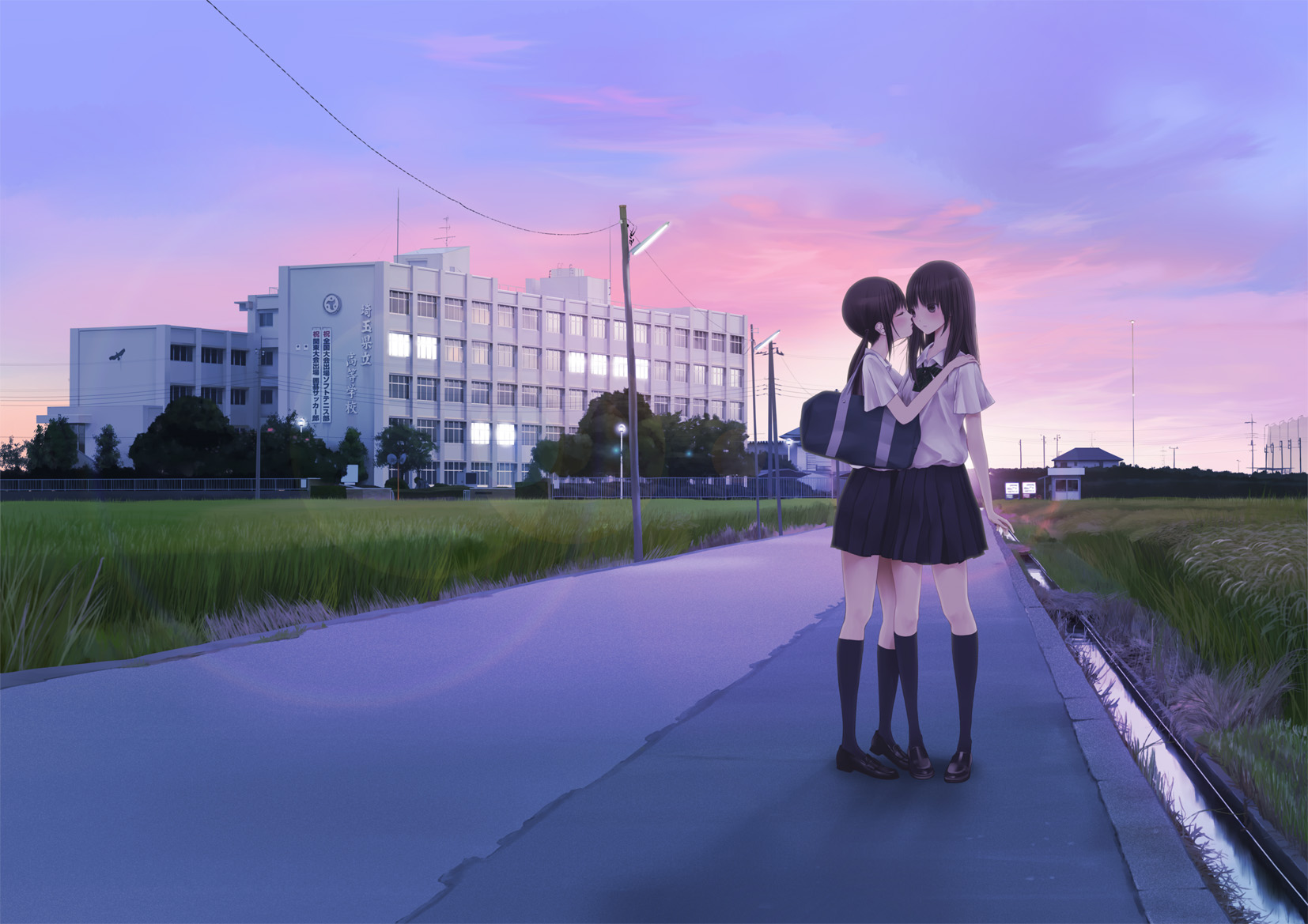 Anime Girls School Uniform Couple Landscape Light Effects Anime City Chikuwa Animeirl 1654x1169