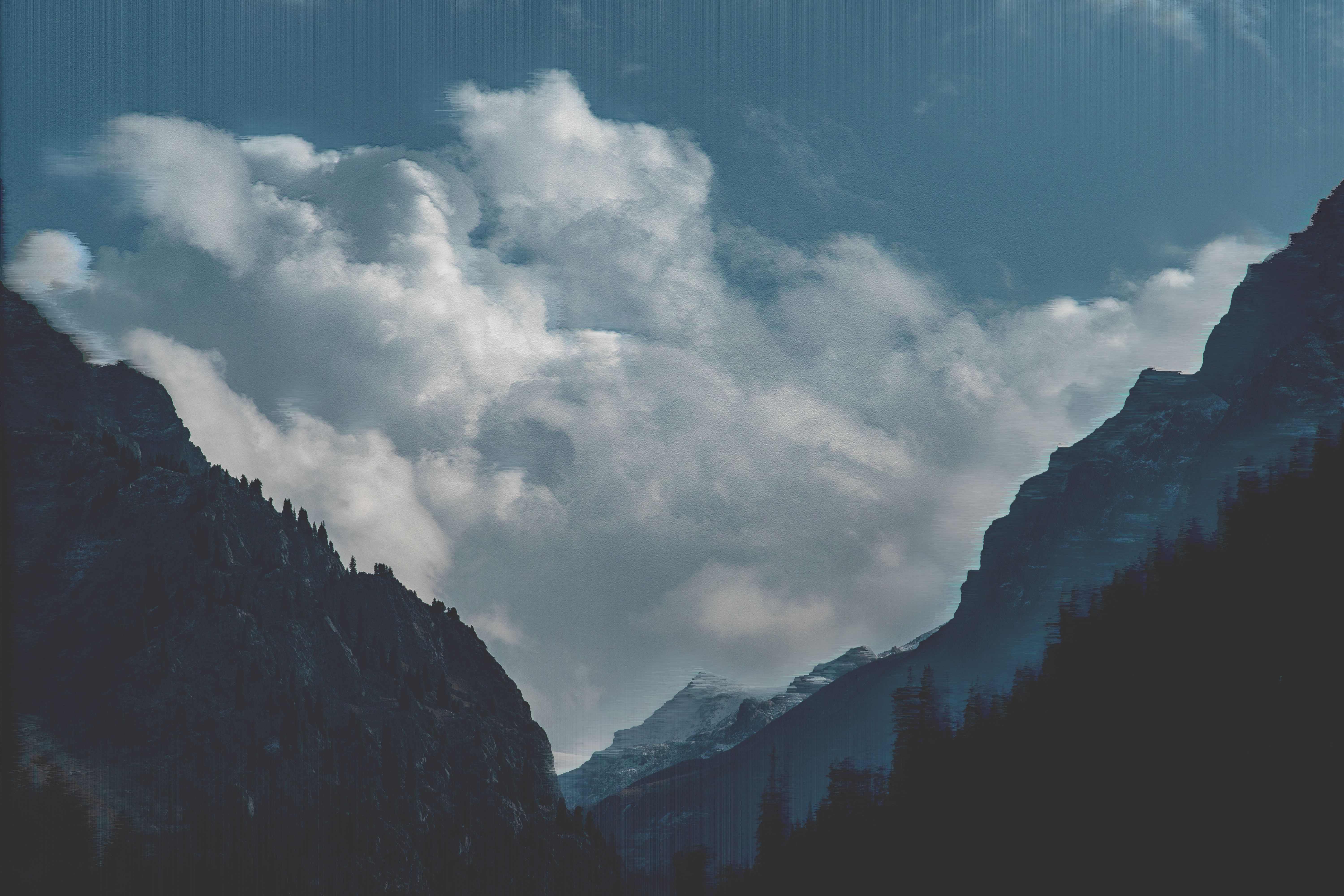Mountains Clouds Blue Teal Monochrome Glitch Art 6000x4000