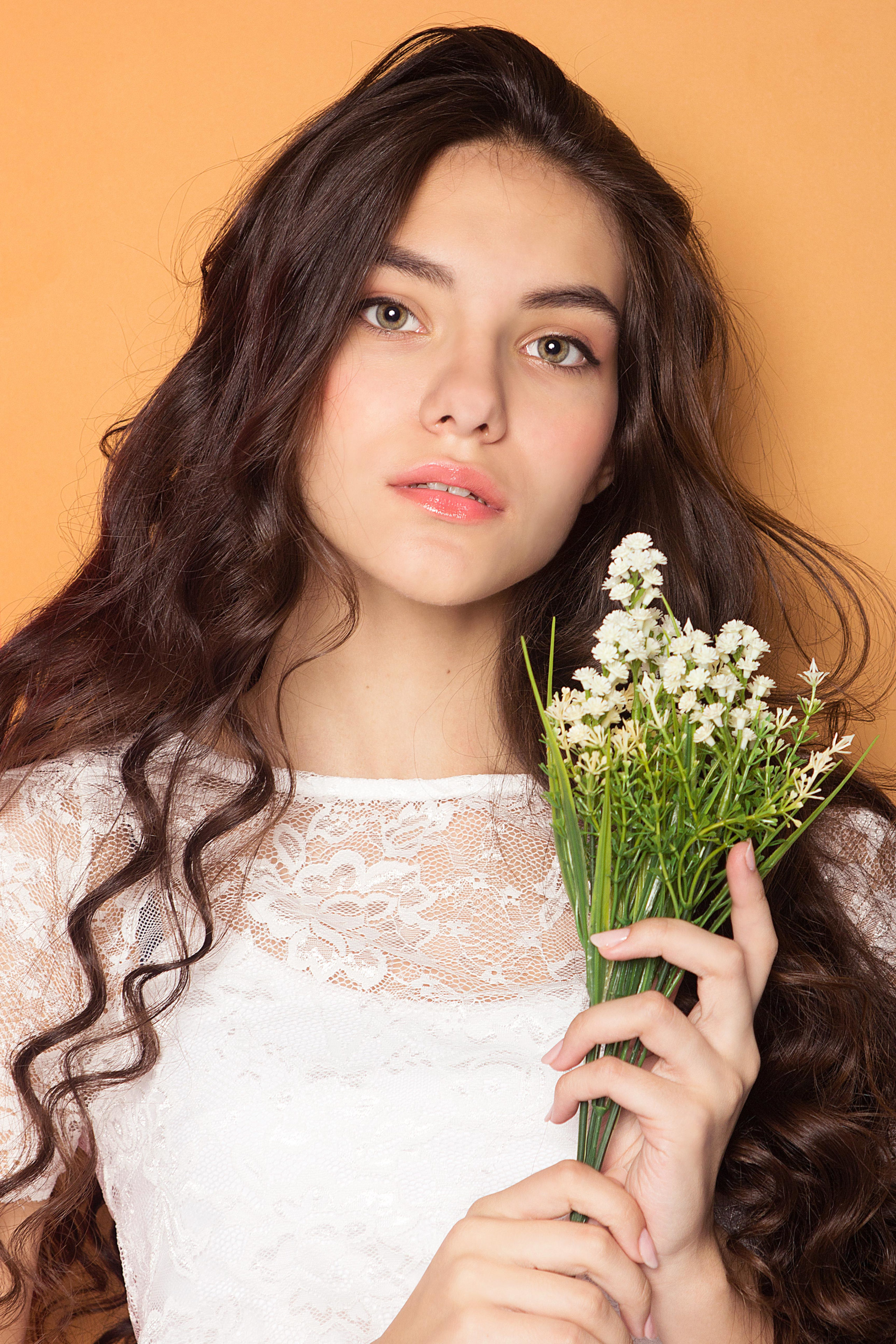Women Ukrainian Brunette White Dress Hazel Eyes Flowers Long Hair Portrait Display Looking At Viewer 2560x3840