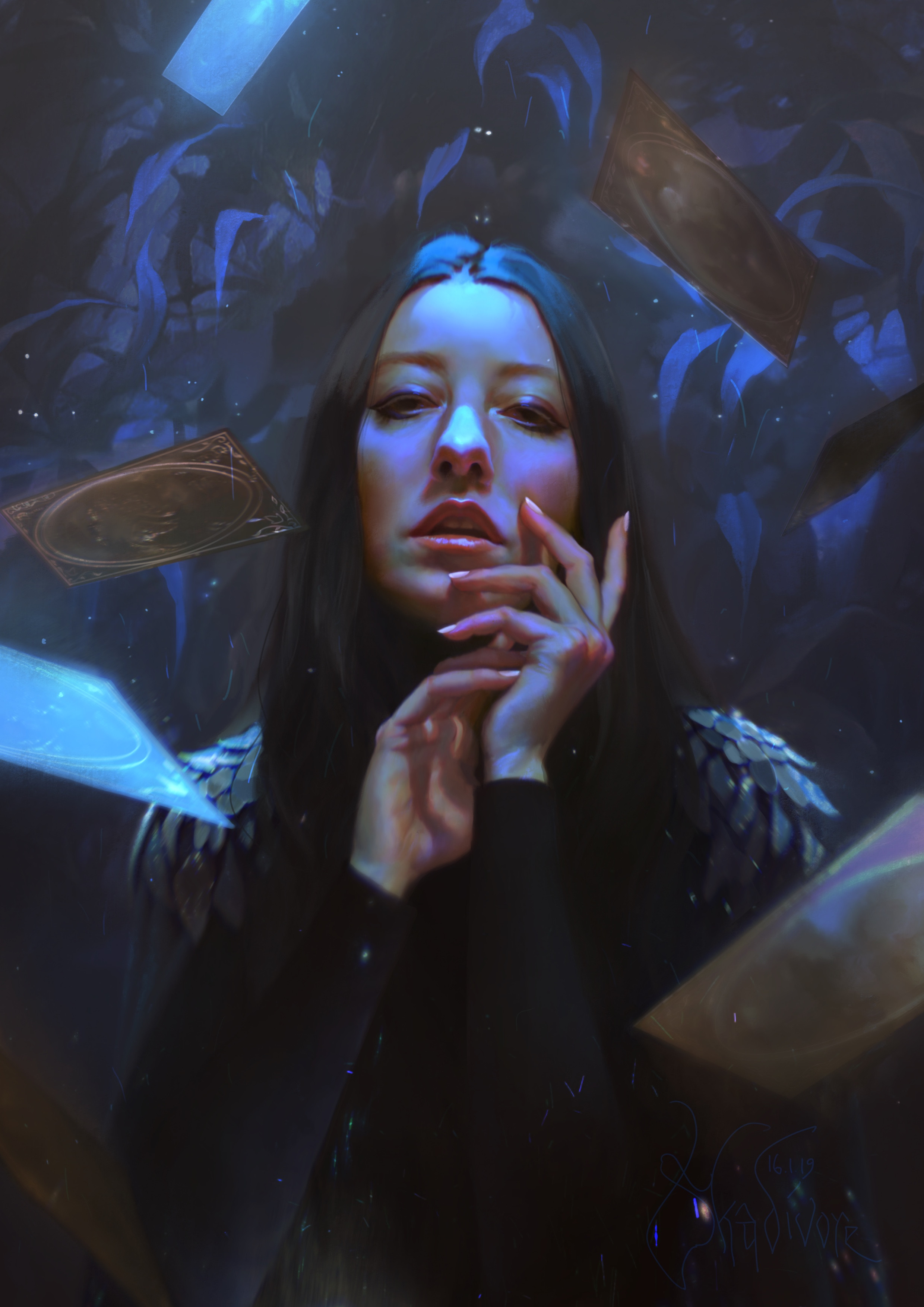 Pauline Vos Open Mouth Looking At Viewer Cards Touching Face Digital Art Digital Painting Long Hair  2480x3508
