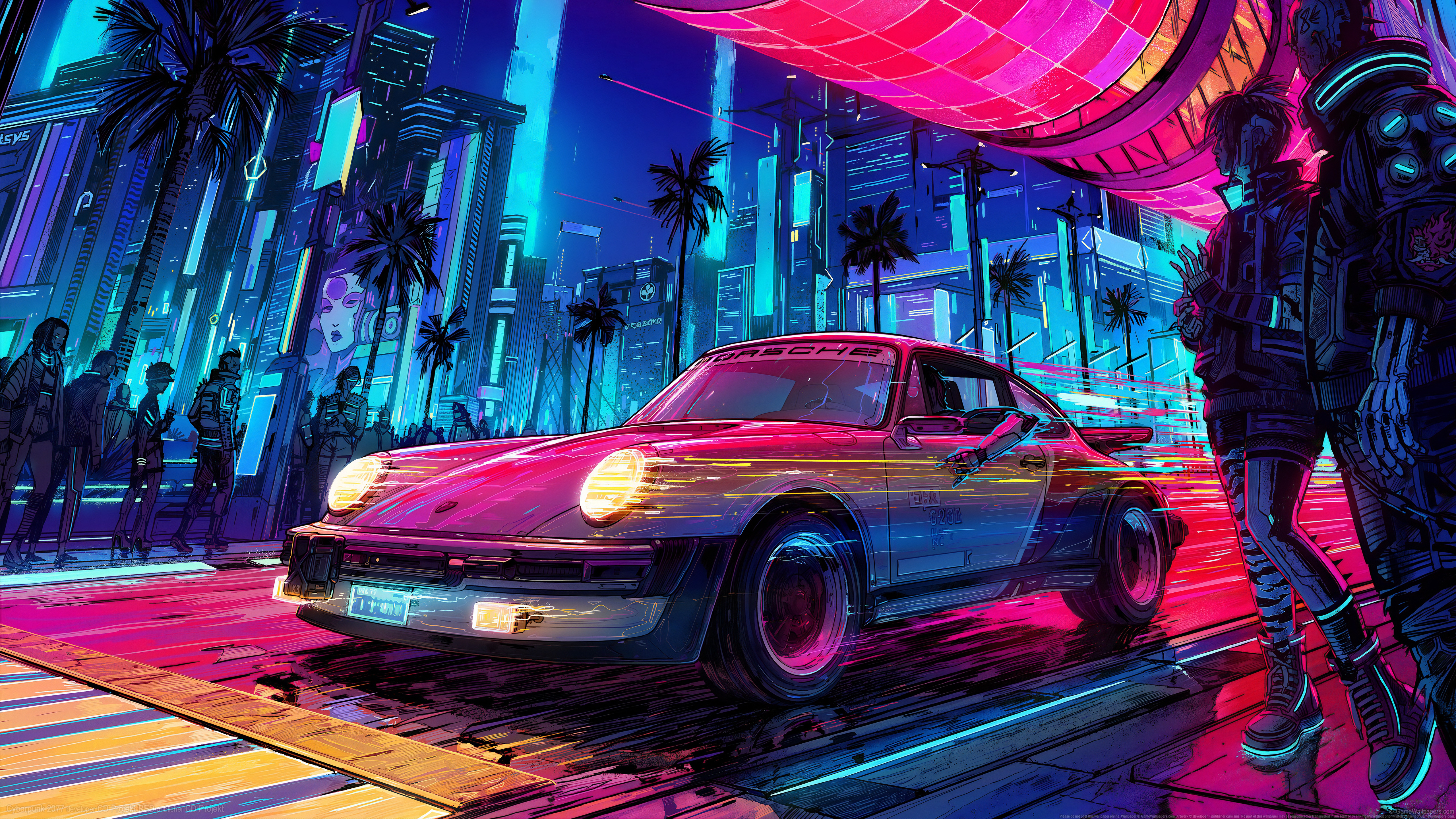 Video Games Video Game Art Digital Art Porsche Retro Car Neon Cyberpunk Cyberpunk 2077 Watermarked 5120x2880