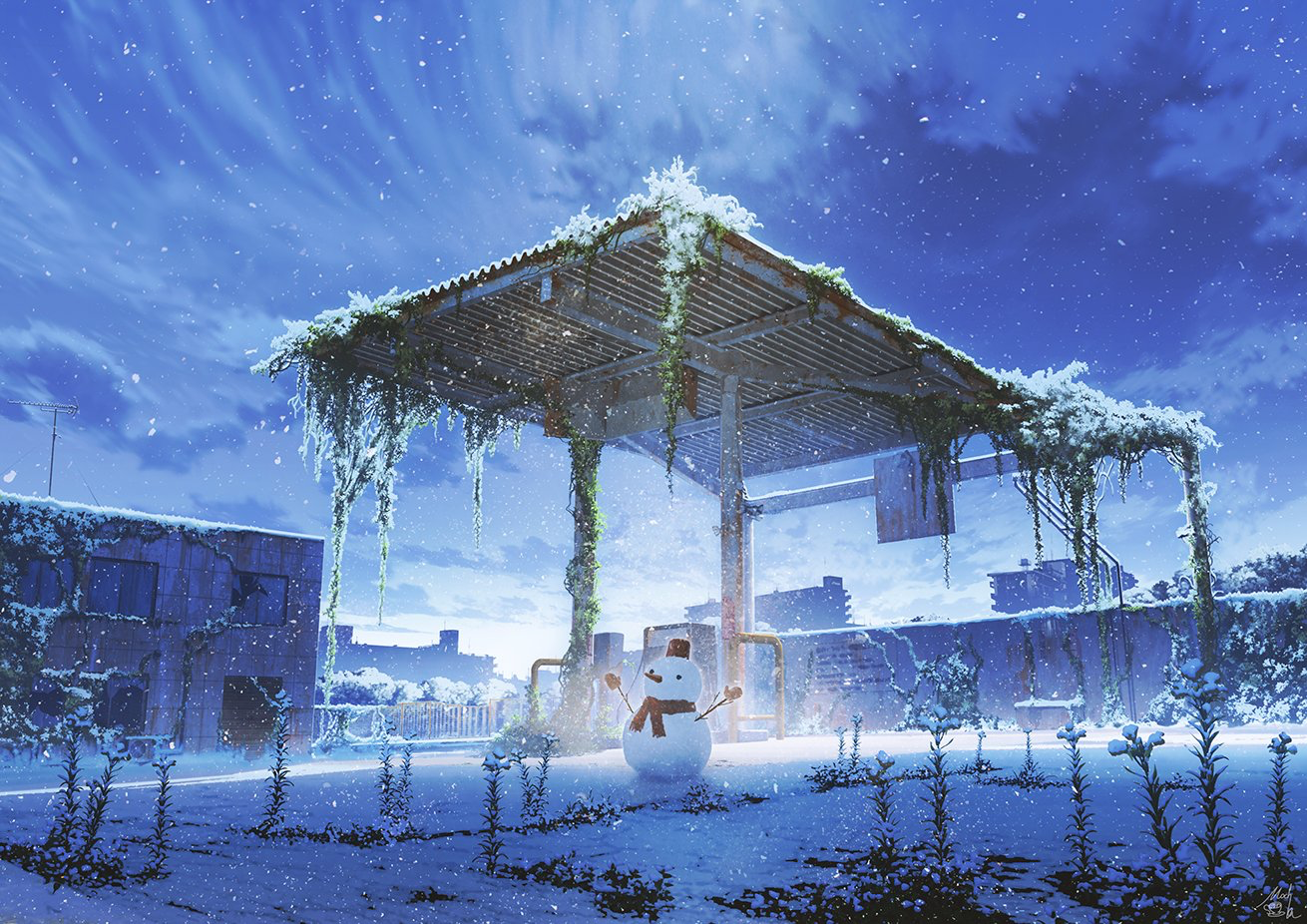Anime Winter Mocha Snowmen Snow 1310x926