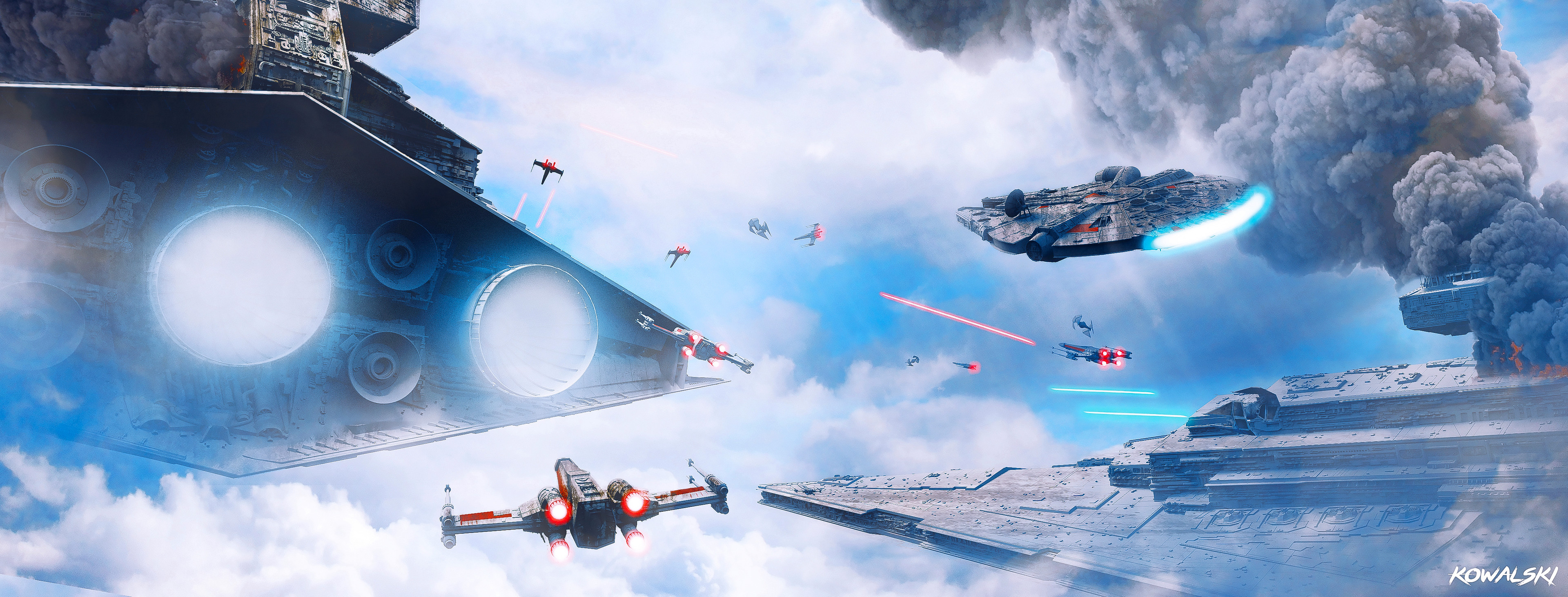 Star Wars Digital Art Science Fiction Battle Star Destroyer Imperial Forces Millenium Falcon X Wing 3840x1463