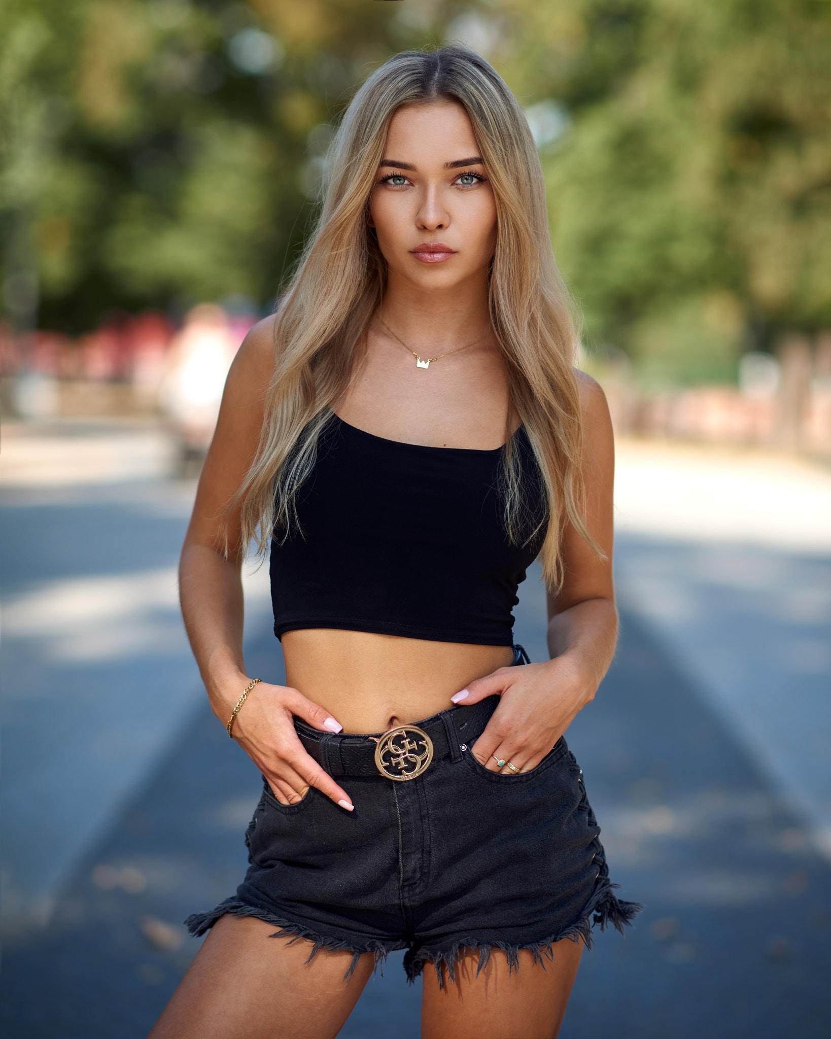 Bulinko Piotr Women Blonde Long Hair Looking At Viewer Jewelry Gold Necklace Tank Top Black Clothing 1638x2048