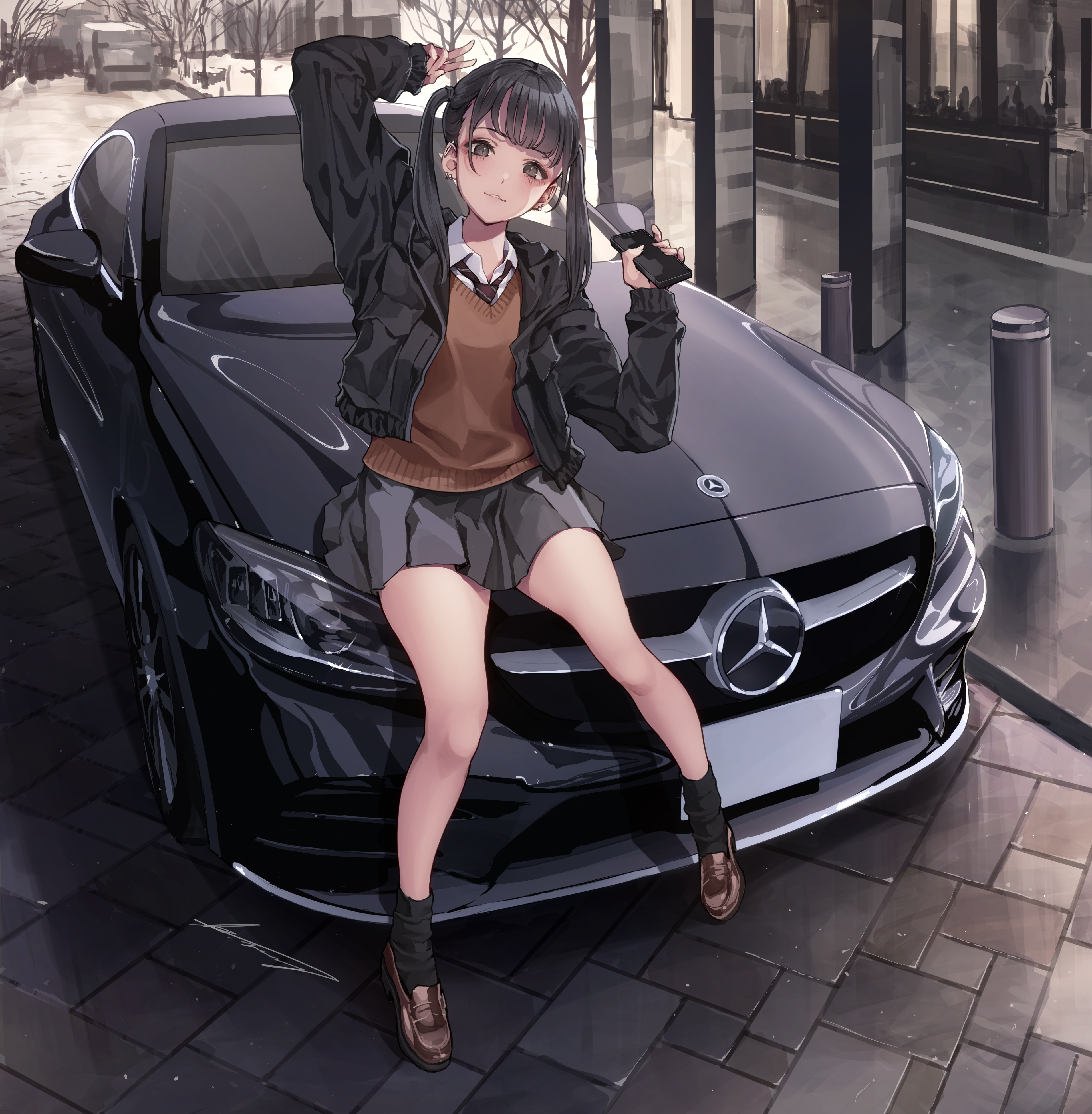 Anime Girls Original Characters Black Cars Mercedes Benz Car School Uniform Black Hair Pigtails Koh 3826x3904