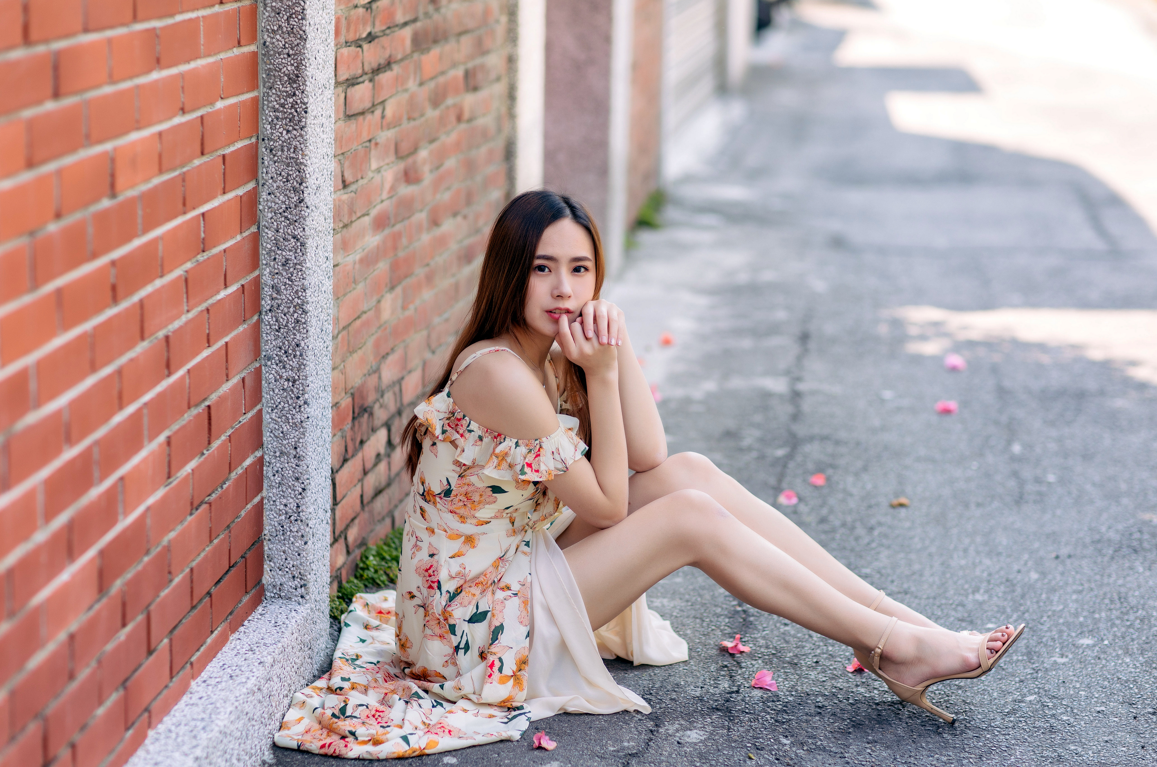 Asian Model Women Long Hair Brunette Sitting Barefoot Sandal Flower Dress Wall Bricks Depth Of Field 3840x2547