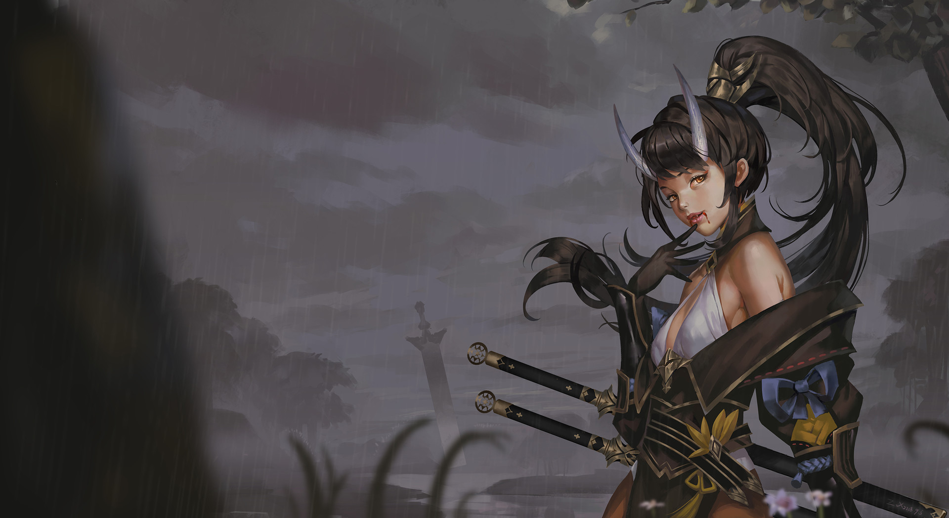 Old Zhang Demon Horns Women Sword Yellow Eyes Rain Dark Fantasy Art Fantasy Girl Artwork Digital Art 1920x1048