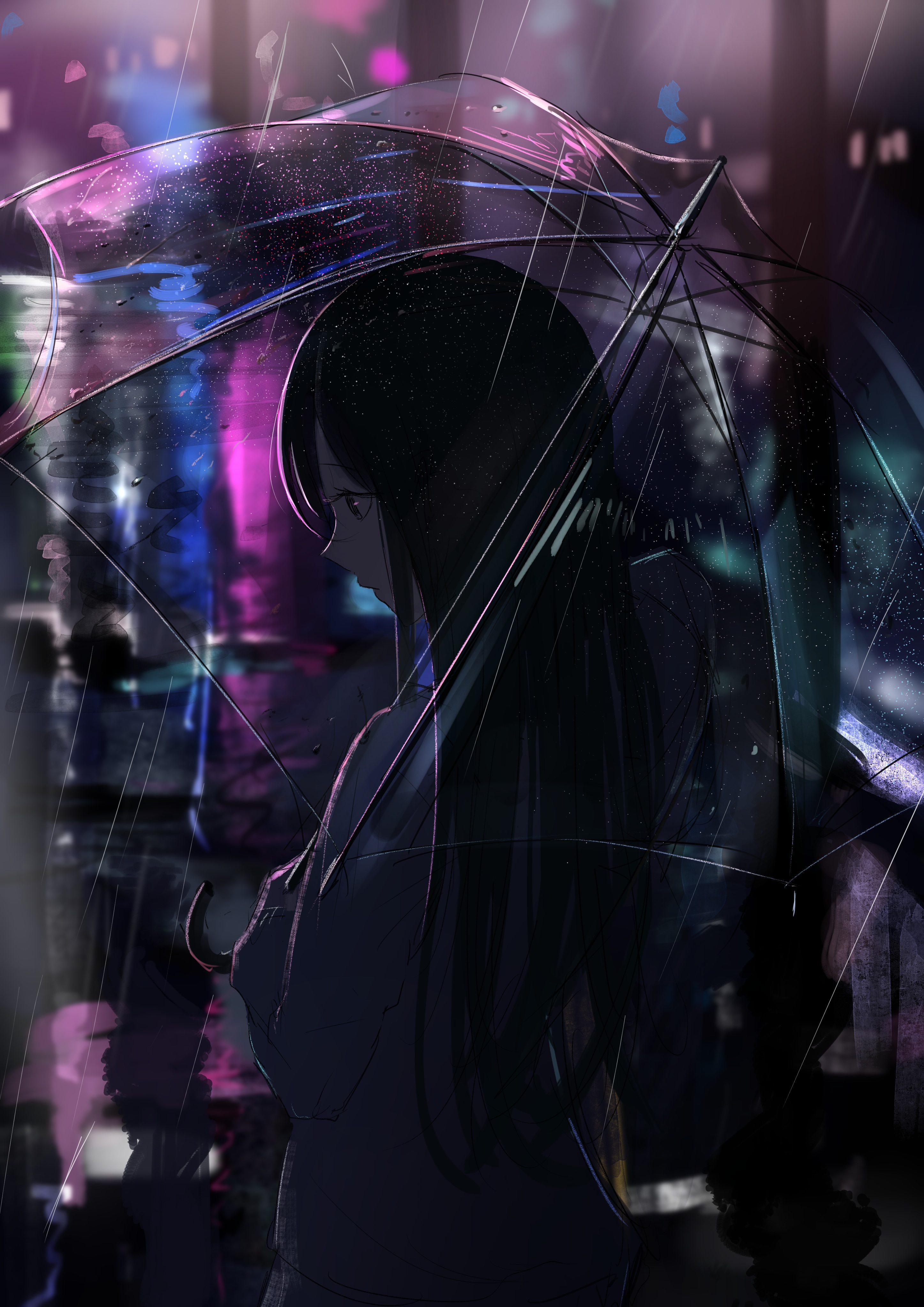 Tararelux Black Hair Long Hair Long Sleeves Parasol Rain Reflection Transparency Umbrella Watercolor 2894x4093