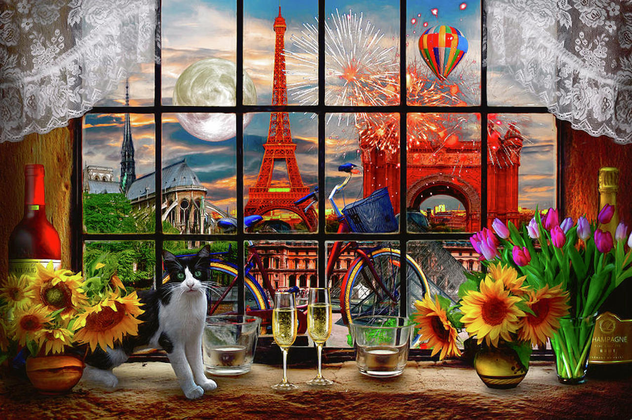 Paris Flowers Window Sill Painting Cats Arc De Triomphe Eiffel Tower Moon Colorful Sunflowers Drinki 1280x852